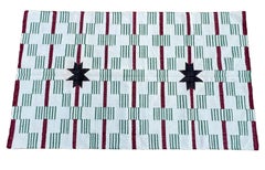 Handmade Woolen Area Flat Weave Rug, 4x7 White, Green Star Dash Indian Dhurrie