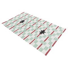 Handmade Woolen Area Flat Weave Rug, 4x7 White, Green Star Dash Indian Dhurrie
