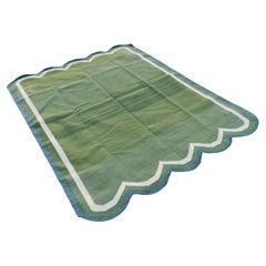 Alfombra de lana de tejido plano, 5x7 Dhurrie de rayas festoneadas verdes y azules