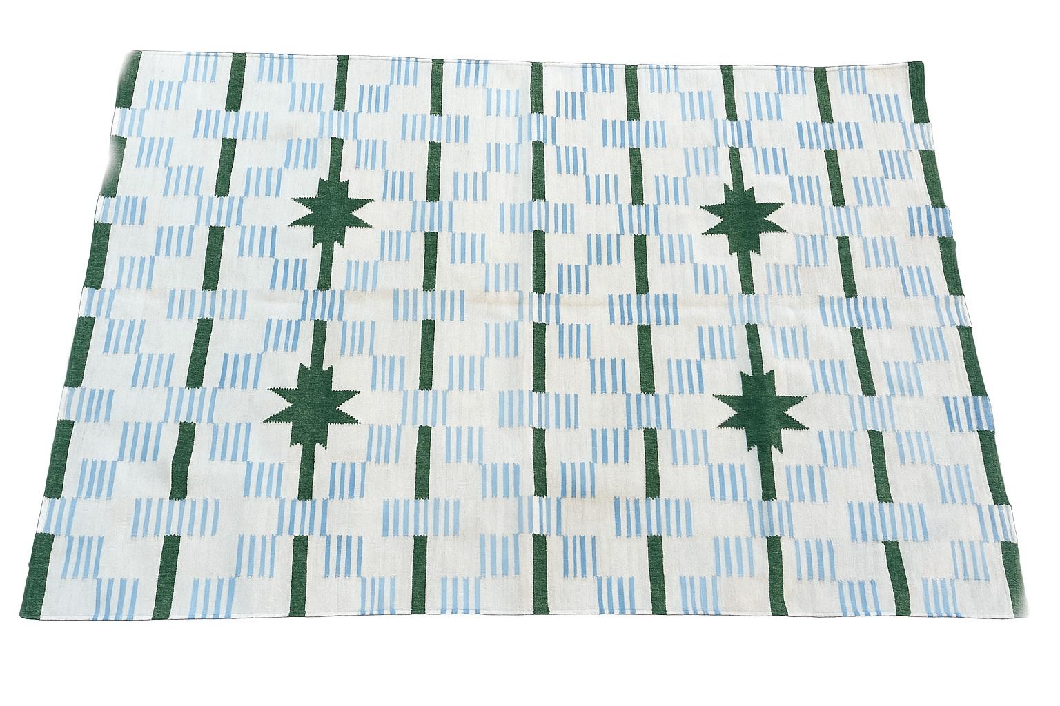 New Zealand Wool Natural Vegetable Dyed, Natural White, Sky Blue And Dark Green Striped And Star Dash Area Rug-5'x7' (150x210cm)

These special flat-weave dhurries are hand-woven with 15 ply 70% Wool/ 30% cotton yarn. Due to the special