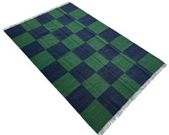 Handmade Woolen Area Flat Weave Rug, 5x8 Blue And Green Checker Board Dhurrie