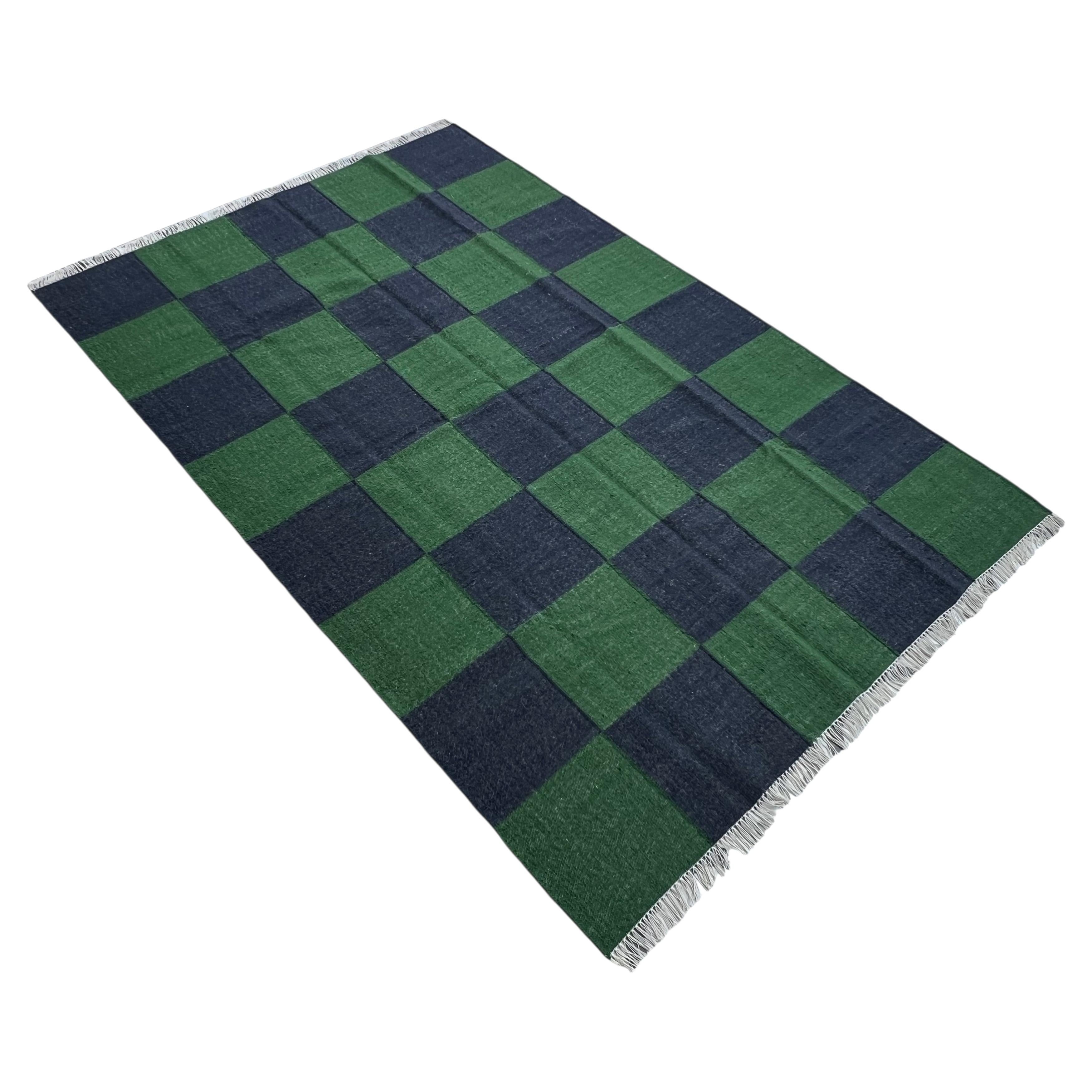 Handmade Woolen Area Flat Weave Rug, 5x8 Blue And Green Checker Board Dhurrie For Sale