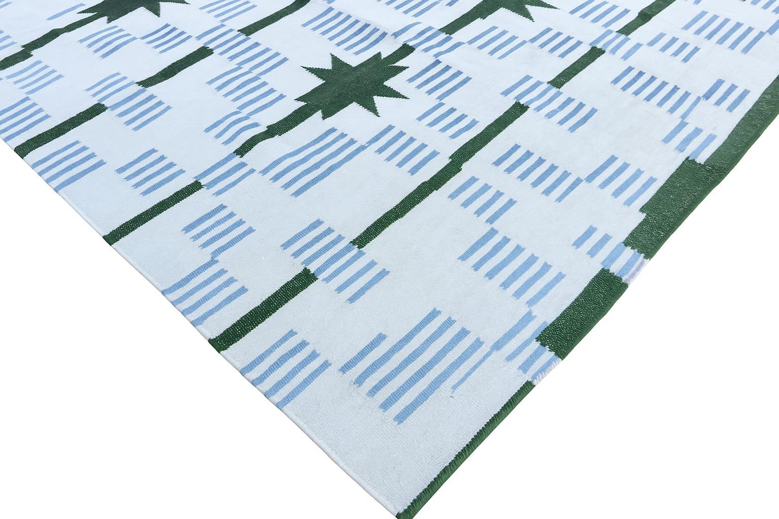 Mid-Century Modern Tapis de sol en laine tissé à plat, 5x8 blanc, vert Star Dash Indian Dhurrie en vente