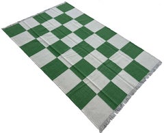 Handmade Woolen Area Flat Weave Rug, 5x8 White, Moss Green Checker Board Dhurrie