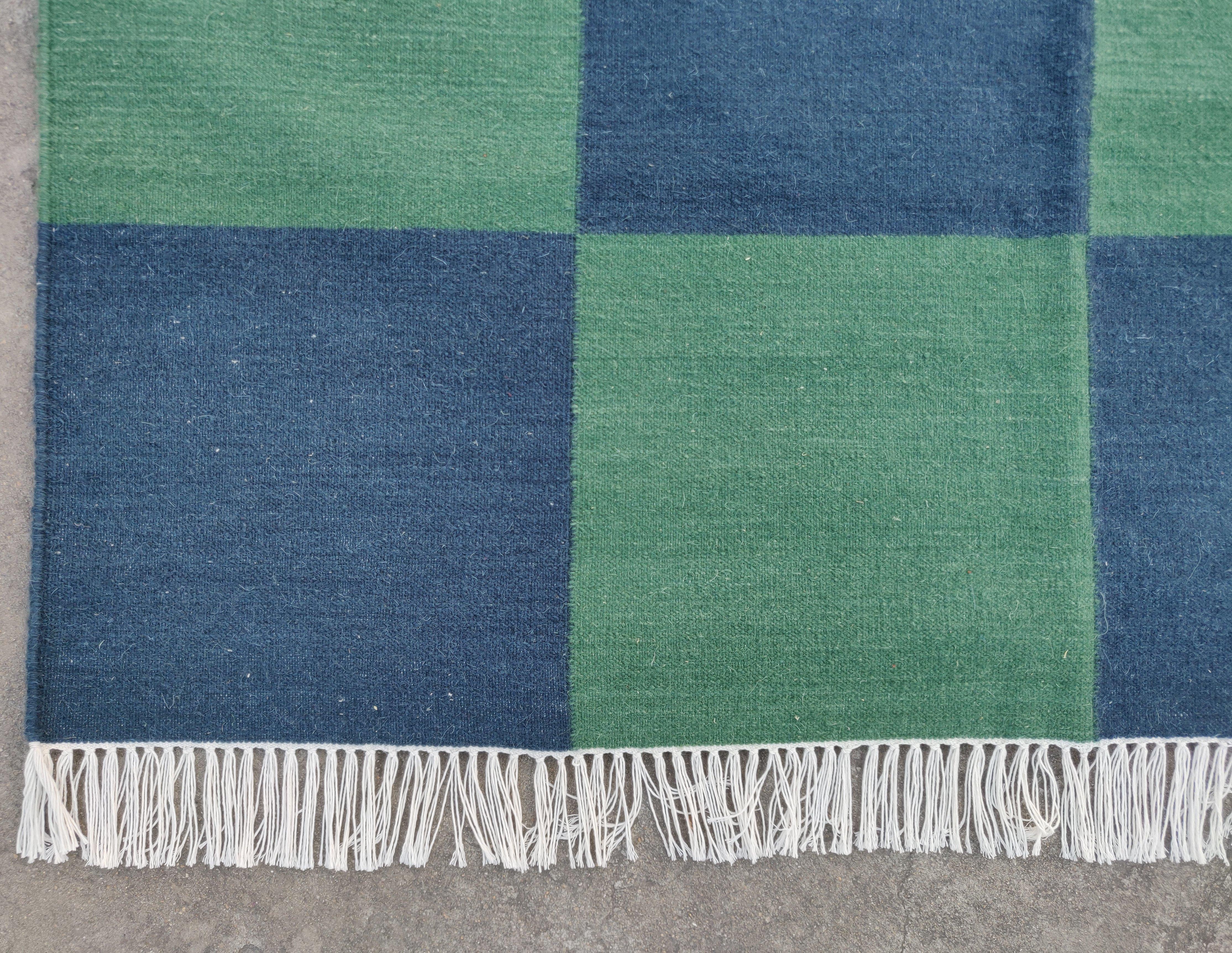 Handmade Woolen Area Flat Weave Rug, 6x9 Blue And Green Tile Checked Dhurrie Rug For Sale 3