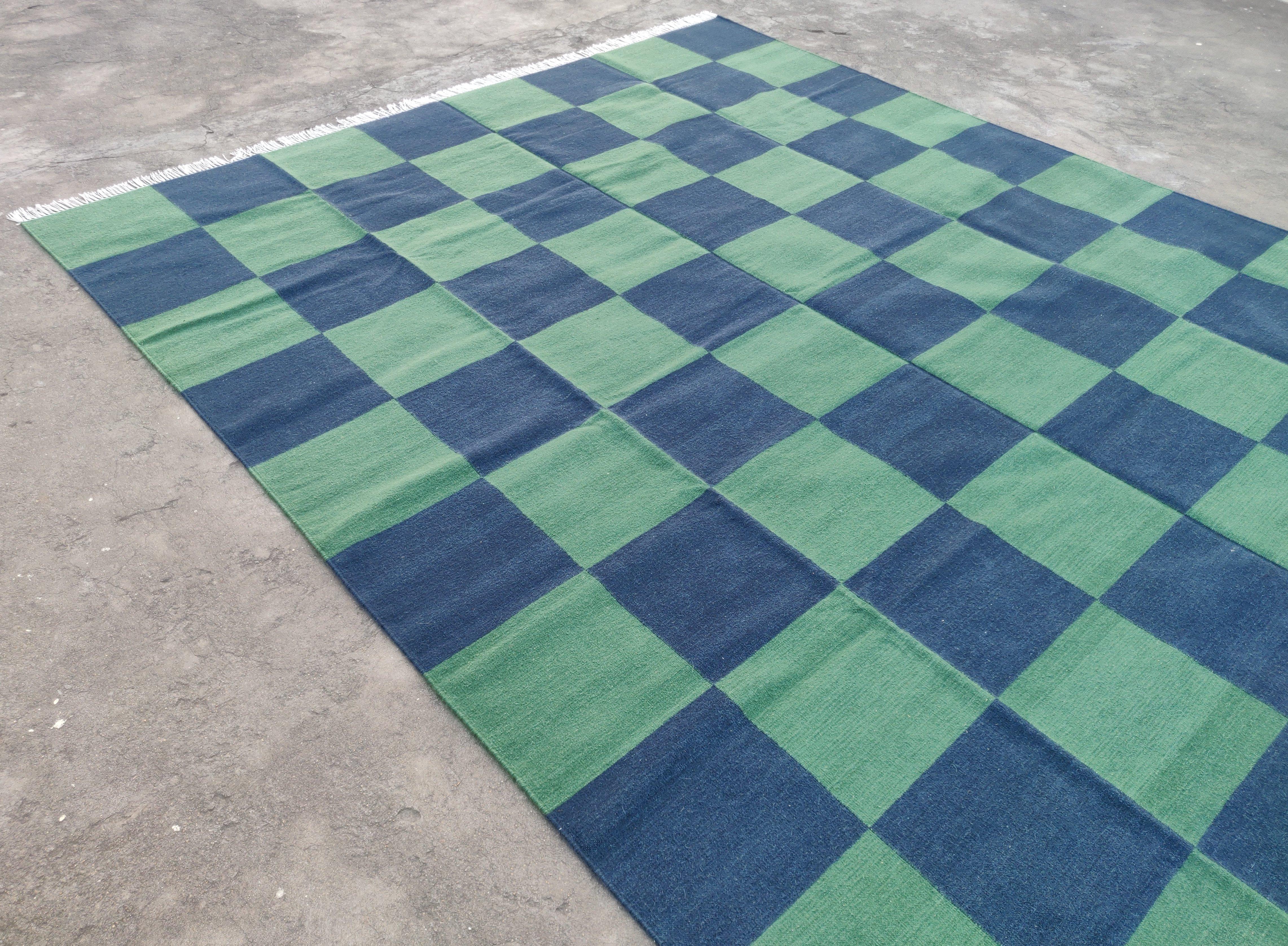 Handmade Woolen Area Flat Weave Rug, 6x9 Blue And Green Tile Checked Dhurrie Rug For Sale 4