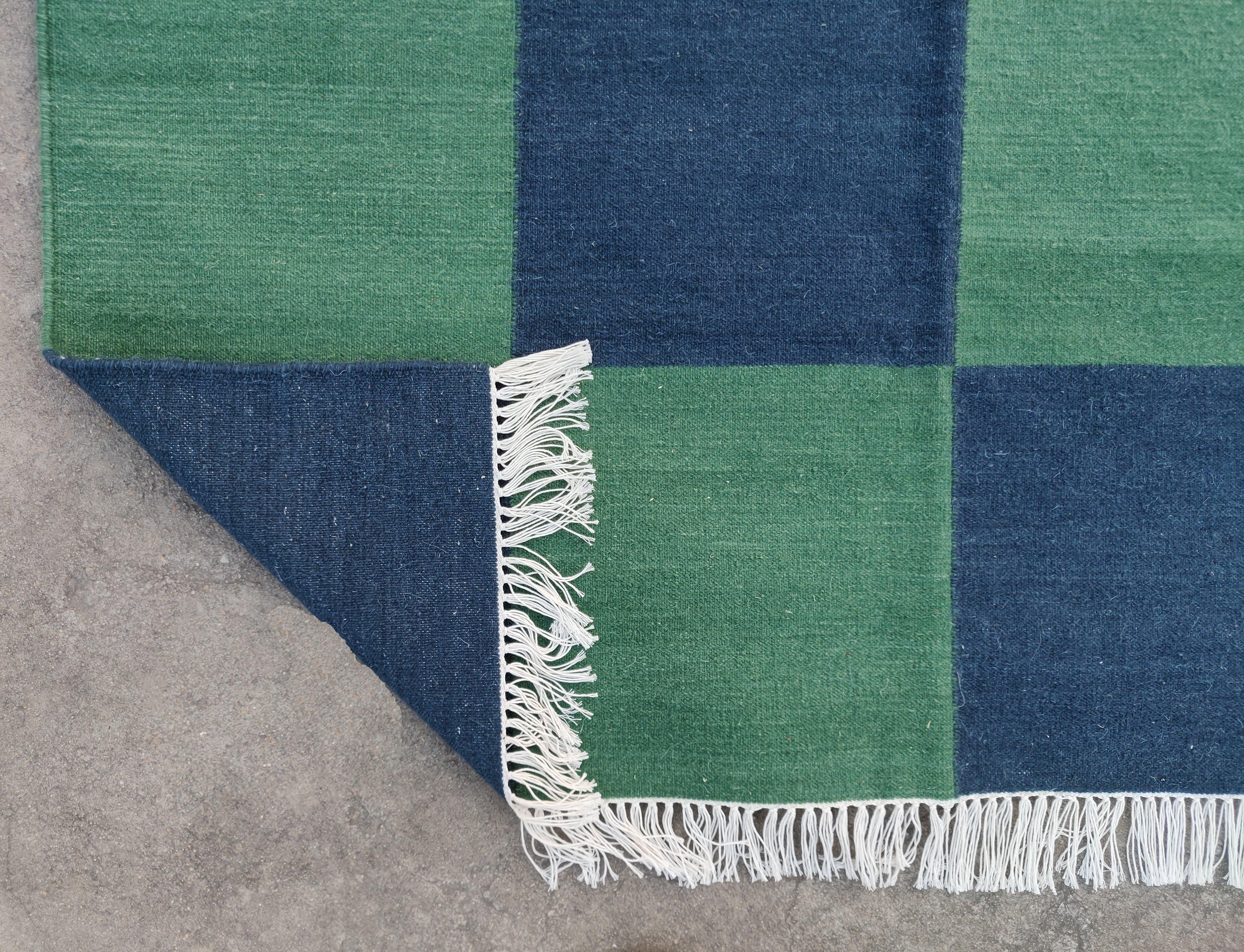 Handmade Woolen Area Flat Weave Rug, 6x9 Blue And Green Tile Checked Dhurrie Rug For Sale 5
