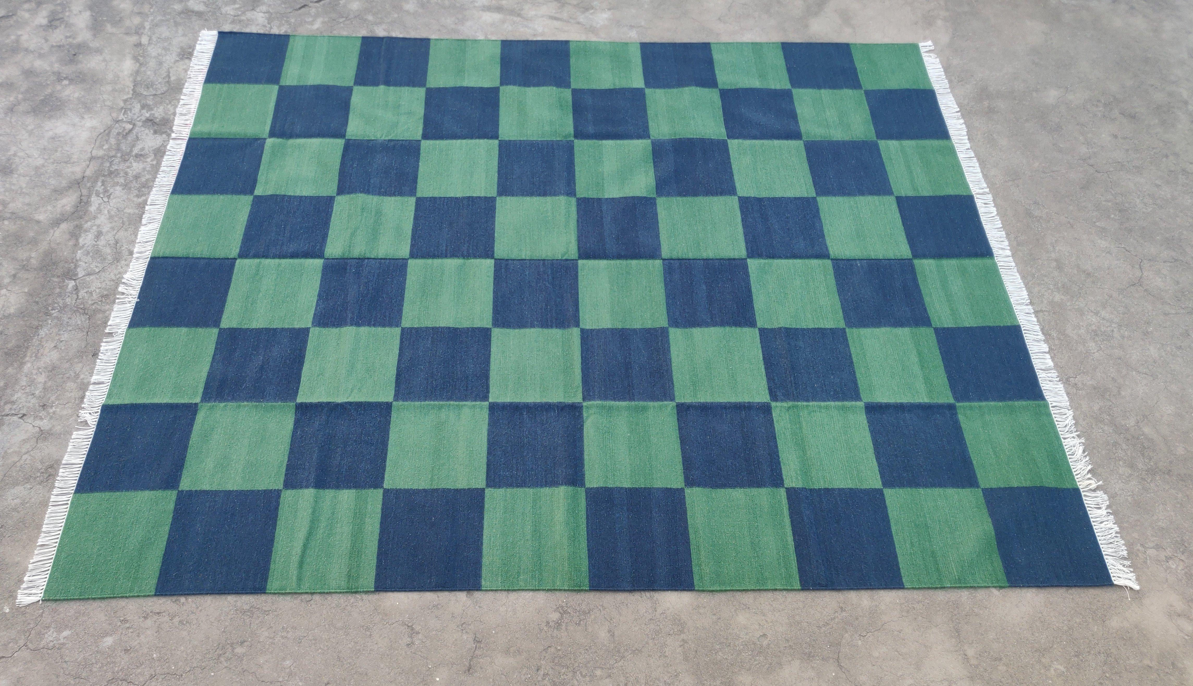 Handmade Woolen Area Flat Weave Rug, 6x9 Blue And Green Tile Checked Dhurrie Rug For Sale 6
