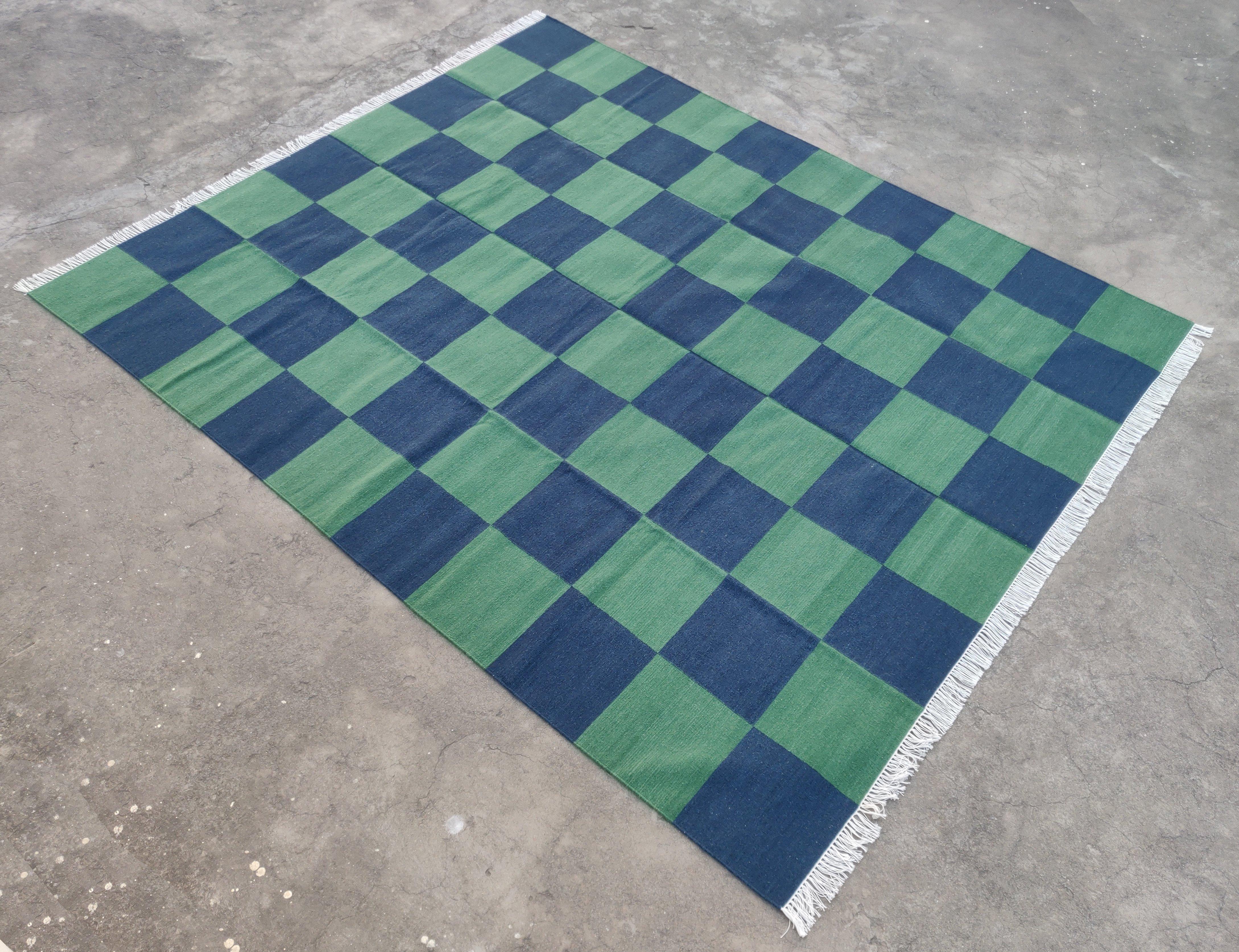 Handmade Woolen Area Flat Weave Rug, 6x9 Blue And Green Tile Checked Dhurrie Rug For Sale 7