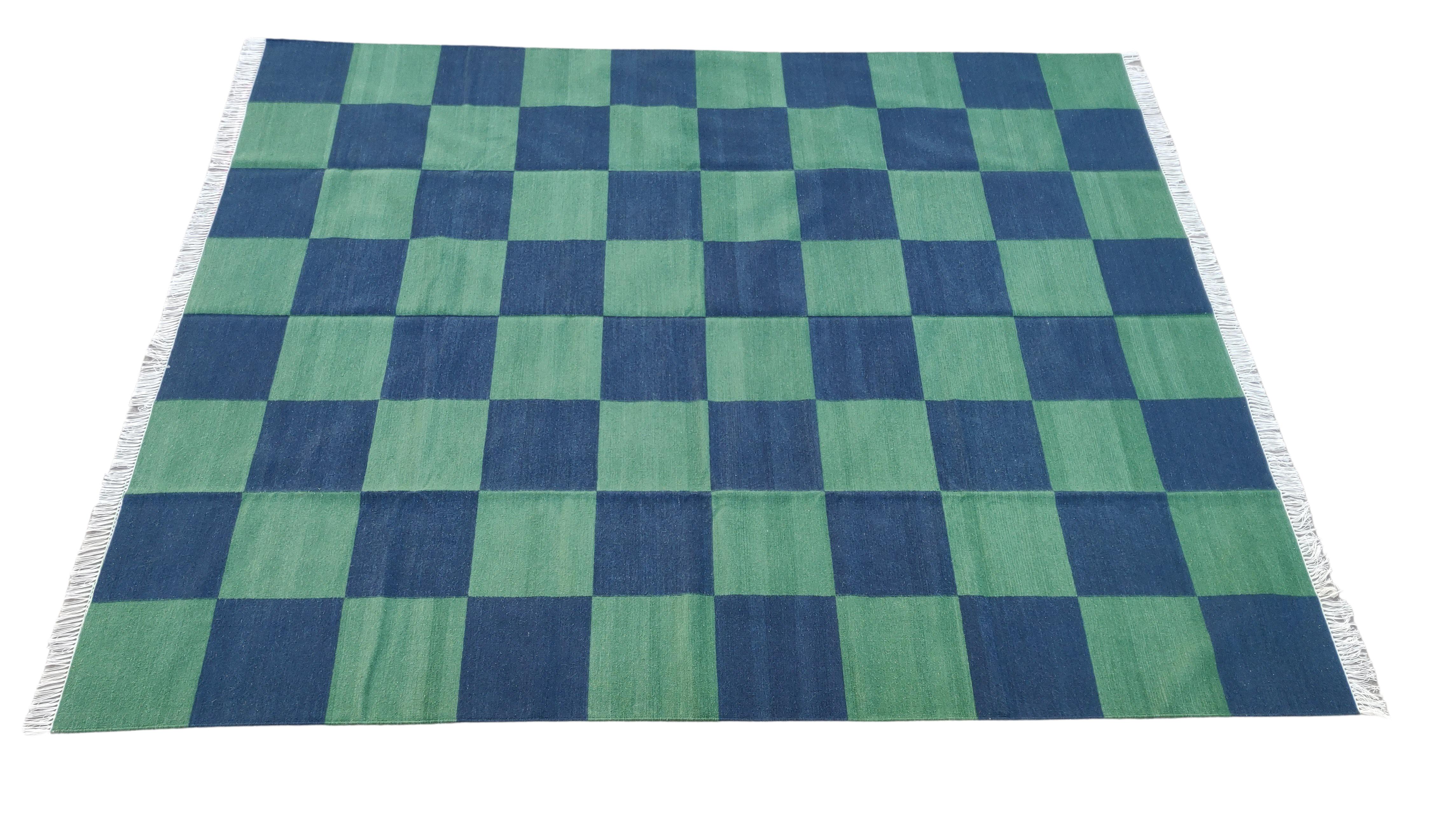 Handmade Woolen Area Flat Weave Rug, 6x9 Blue And Green Tile Checked Dhurrie Rug For Sale 8