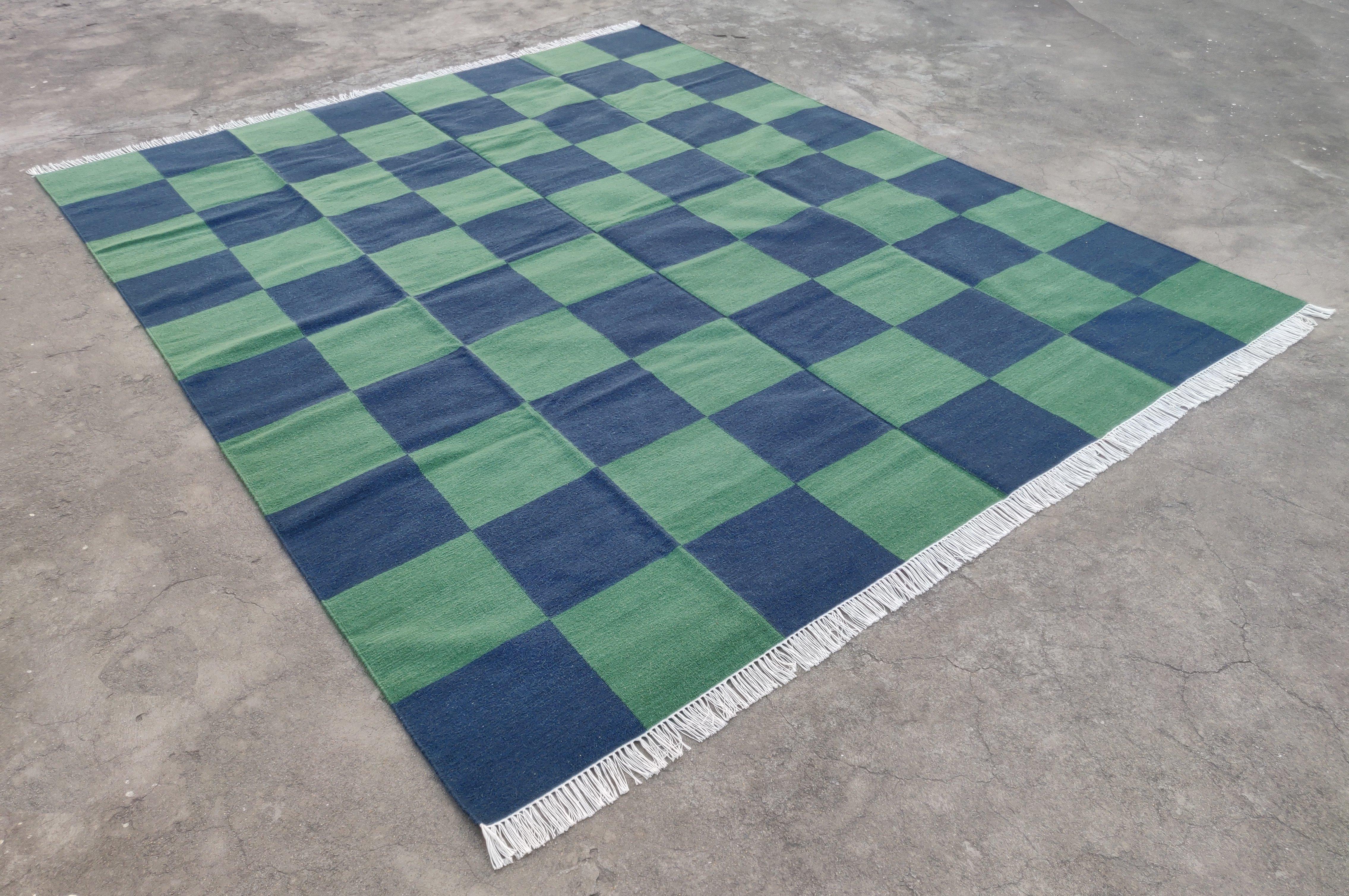 Woolen Vegetable Dyed Reversible Green And Blue Indian Tile Checked Rug - 6'x9'
These special flat-weave dhurries are hand-woven with 15 ply 100% cotton yarn. Due to the special manufacturing techniques used to create our rugs, the size and color of