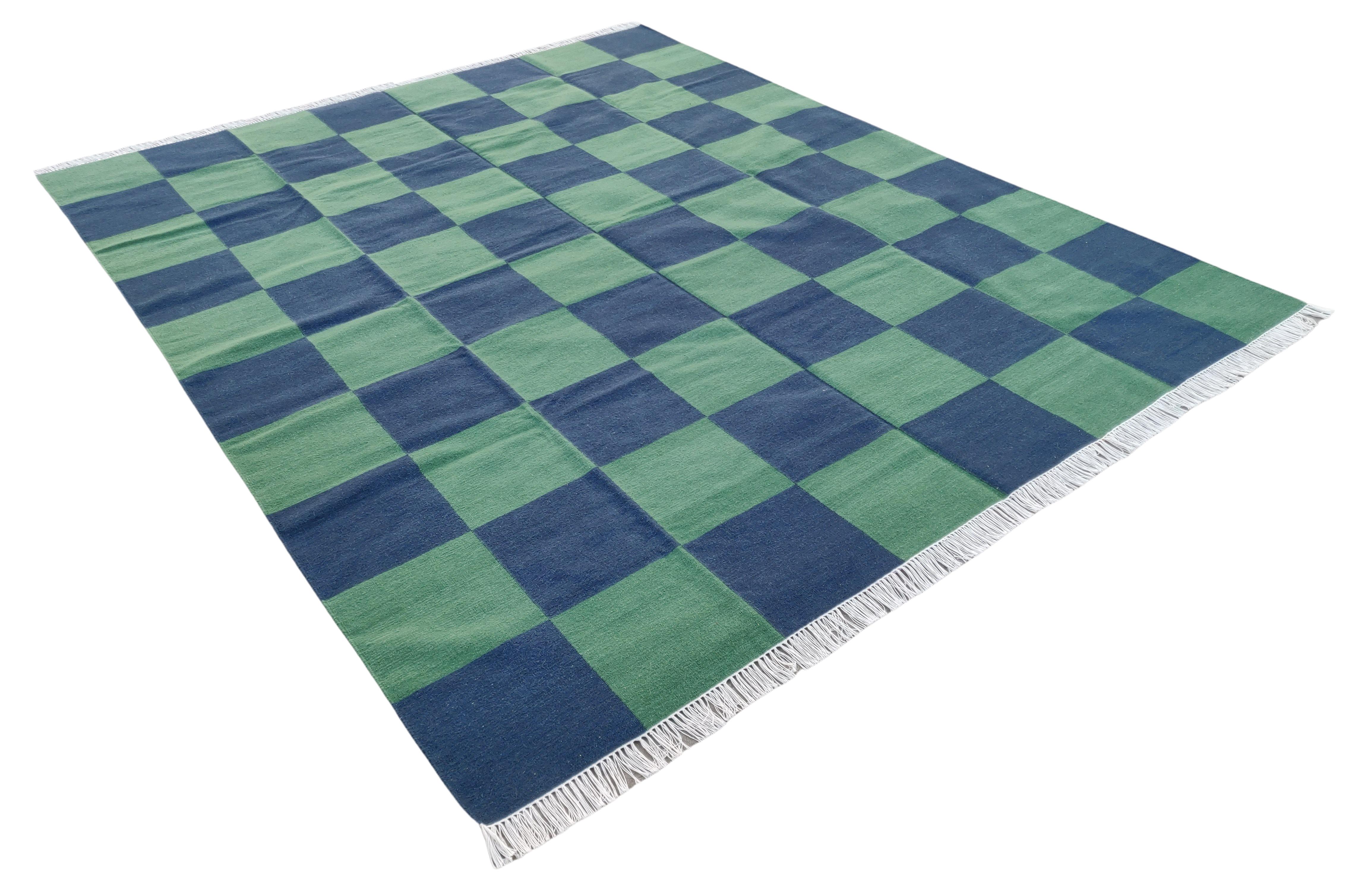 Mid-Century Modern Handmade Woolen Area Flat Weave Rug, 6x9 Blue And Green Tile Checked Dhurrie Rug For Sale