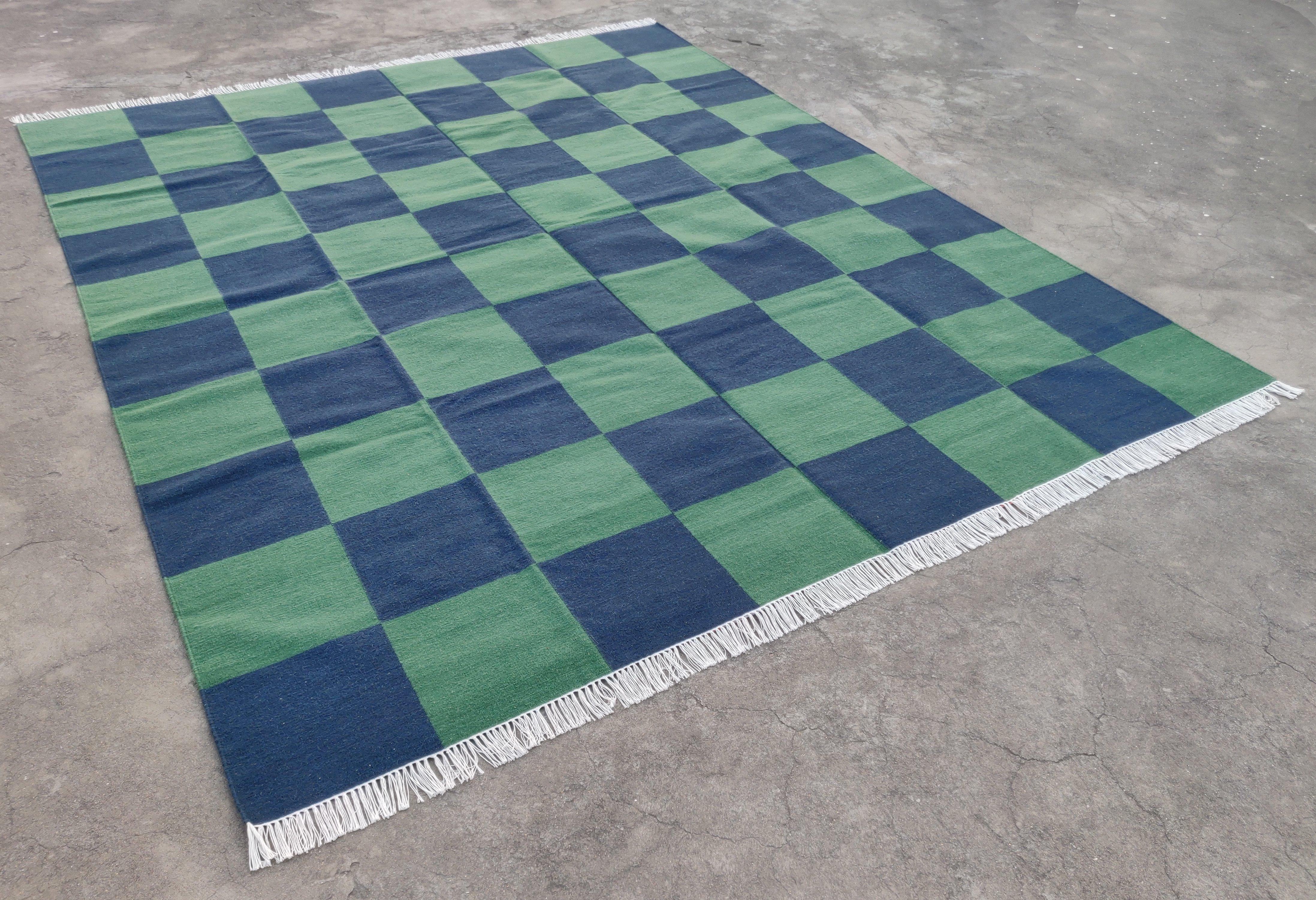 Indian Handmade Woolen Area Flat Weave Rug, 6x9 Blue And Green Tile Checked Dhurrie Rug For Sale