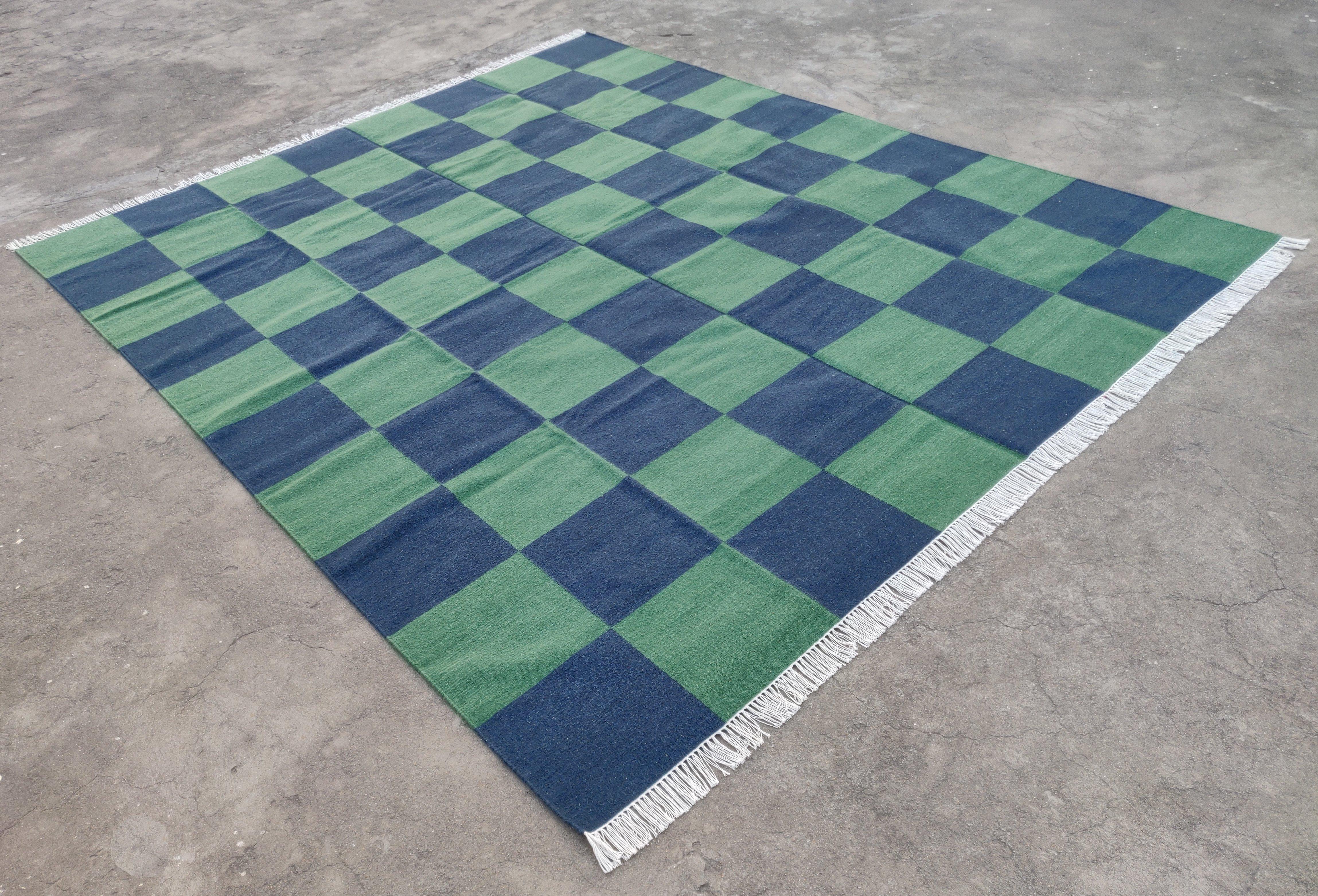 Hand-Woven Handmade Woolen Area Flat Weave Rug, 6x9 Blue And Green Tile Checked Dhurrie Rug For Sale