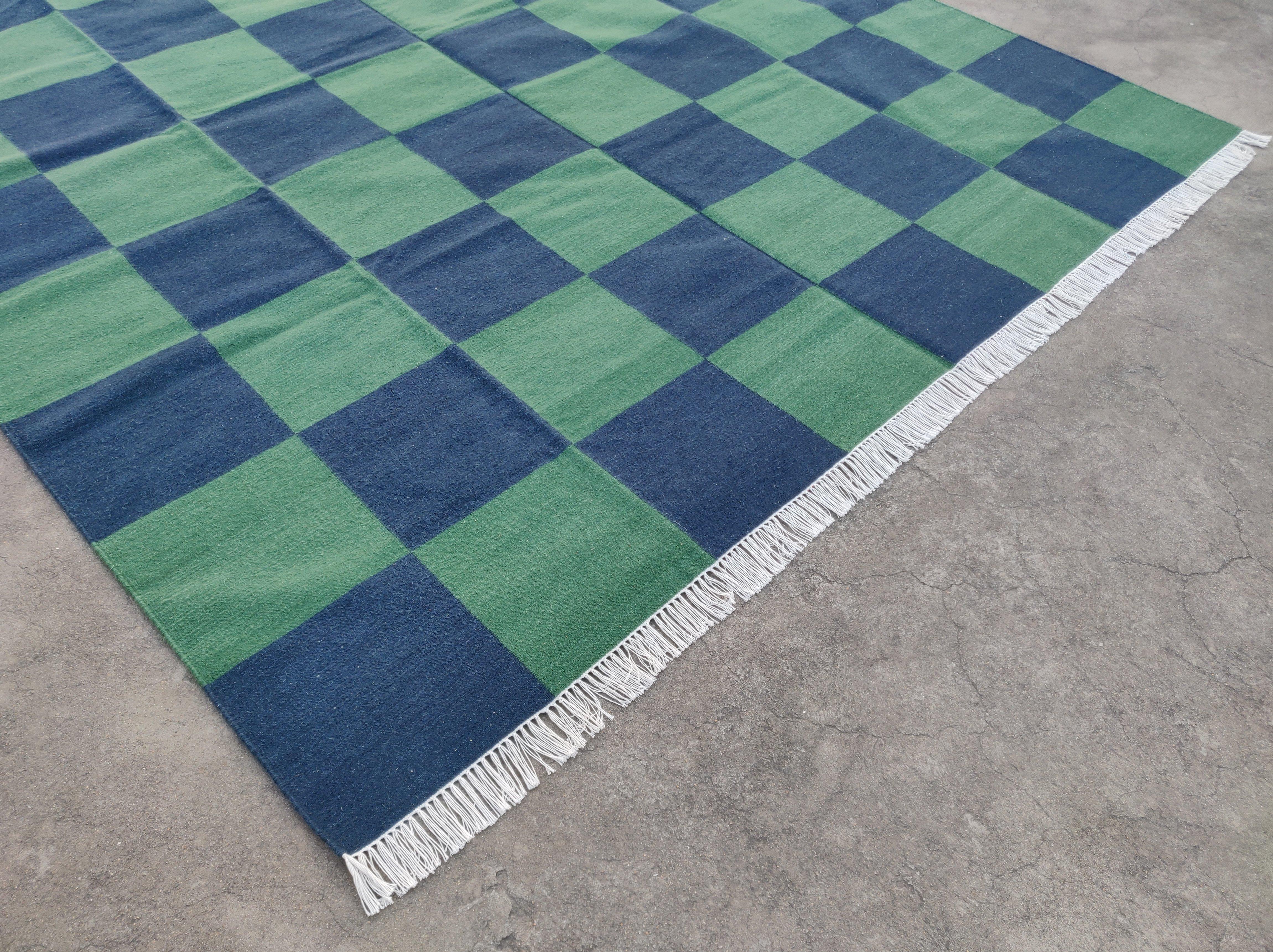 Contemporary Handmade Woolen Area Flat Weave Rug, 6x9 Blue And Green Tile Checked Dhurrie Rug For Sale