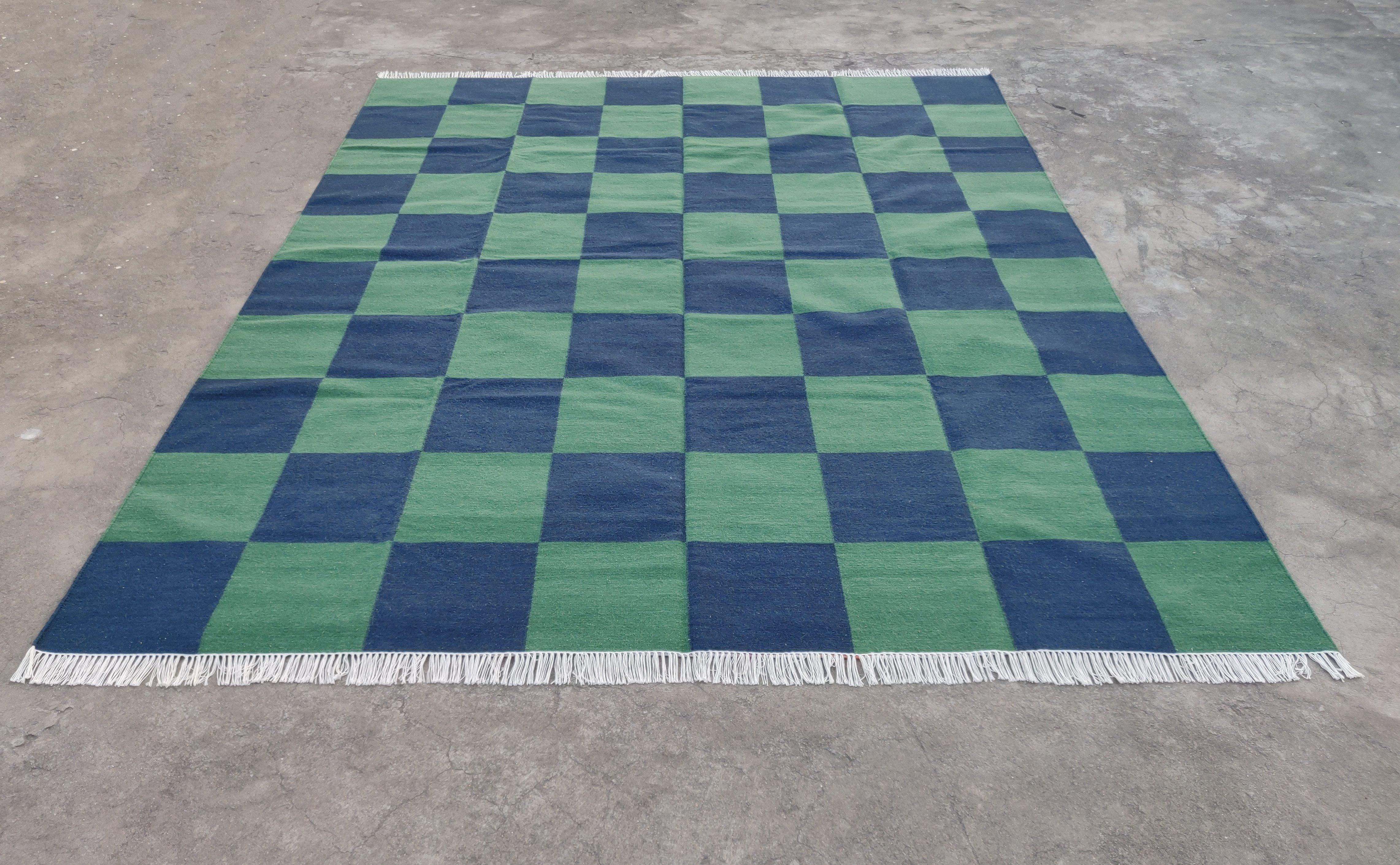 Handmade Woolen Area Flat Weave Rug, 6x9 Blue And Green Tile Checked Dhurrie Rug For Sale 1