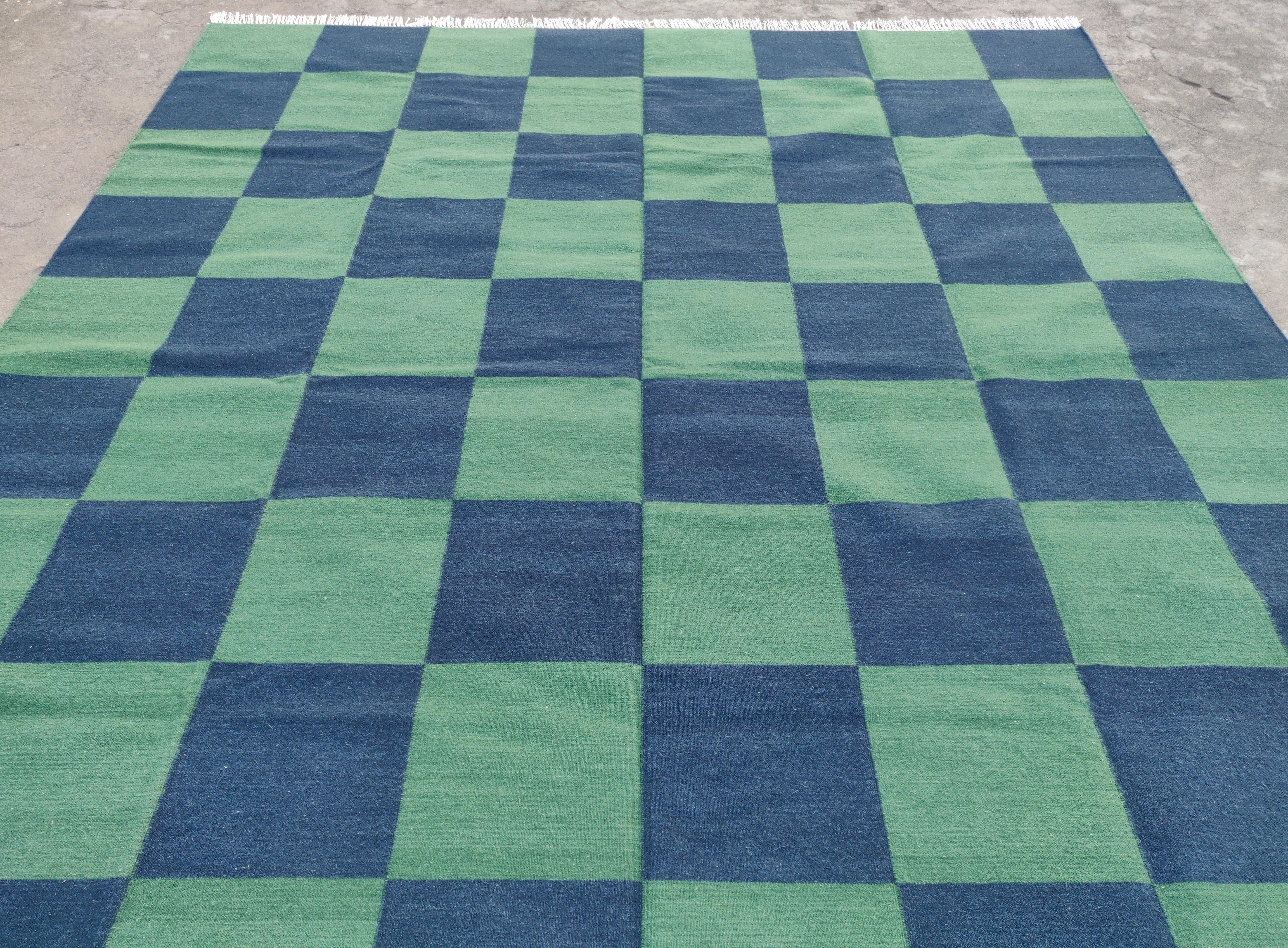 Handmade Woolen Area Flat Weave Rug, 6x9 Blue And Green Tile Checked Dhurrie Rug For Sale 2