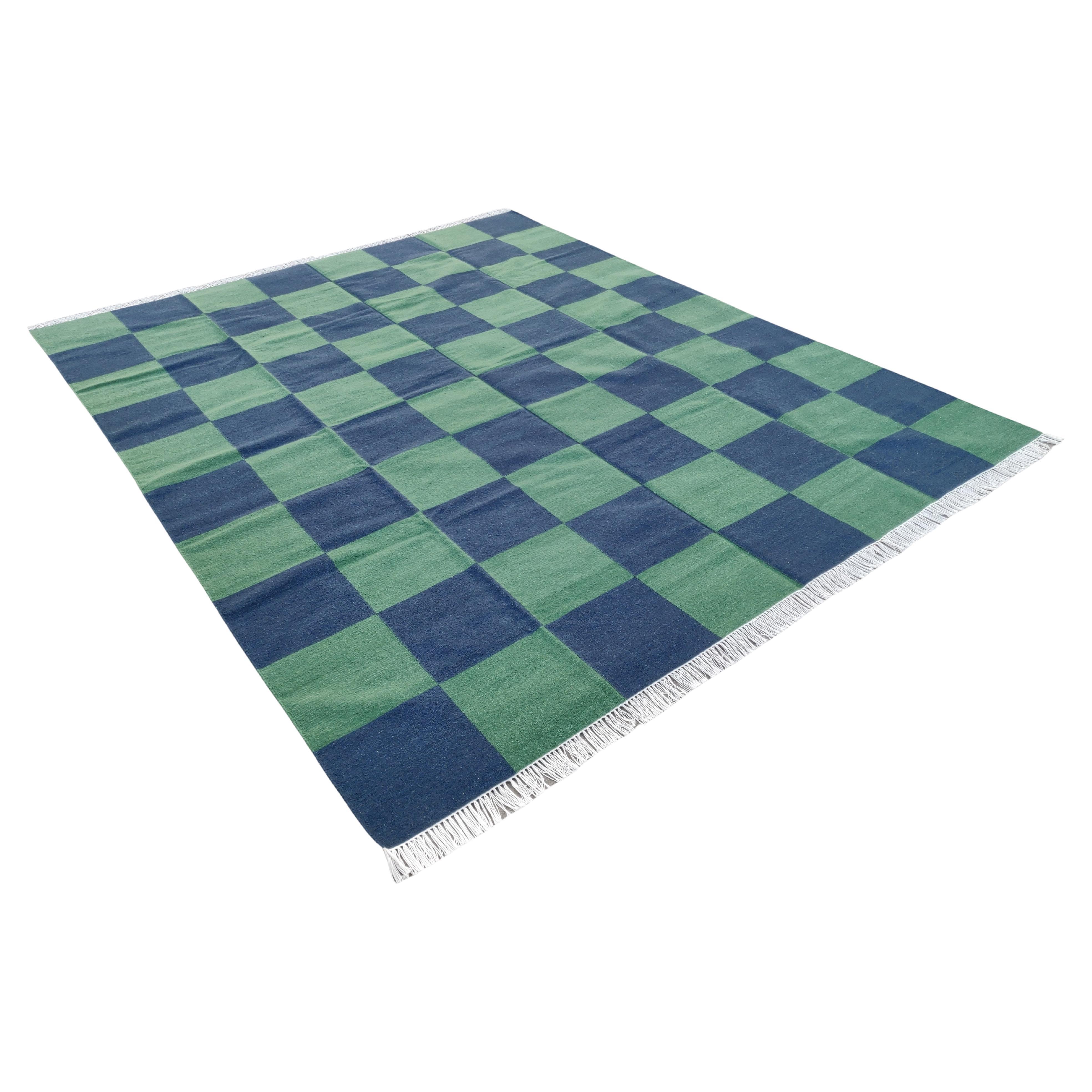 Handmade Woolen Area Flat Weave Rug, 6x9 Blue And Green Tile Checked Dhurrie Rug For Sale