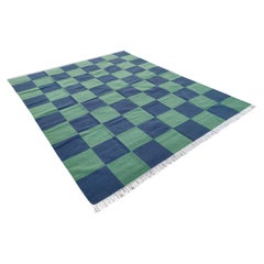 Handmade Woolen Area Flat Weave Rug, 6x9 Blue And Green Tile Checked Dhurrie Rug