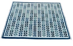 Handmade Woolen Area Flat Weave Rug, 7x10 Blue And White Marianne Indian Dhurrie