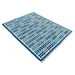 Handmade Woolen Area Flat Weave Rug, 7x10 Blue And White Marianne Indian Dhurrie
