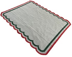 Handmade Woolen Area Flat Weave Rug, 8x10 Beige And Red Scalloped Indian Dhurrie