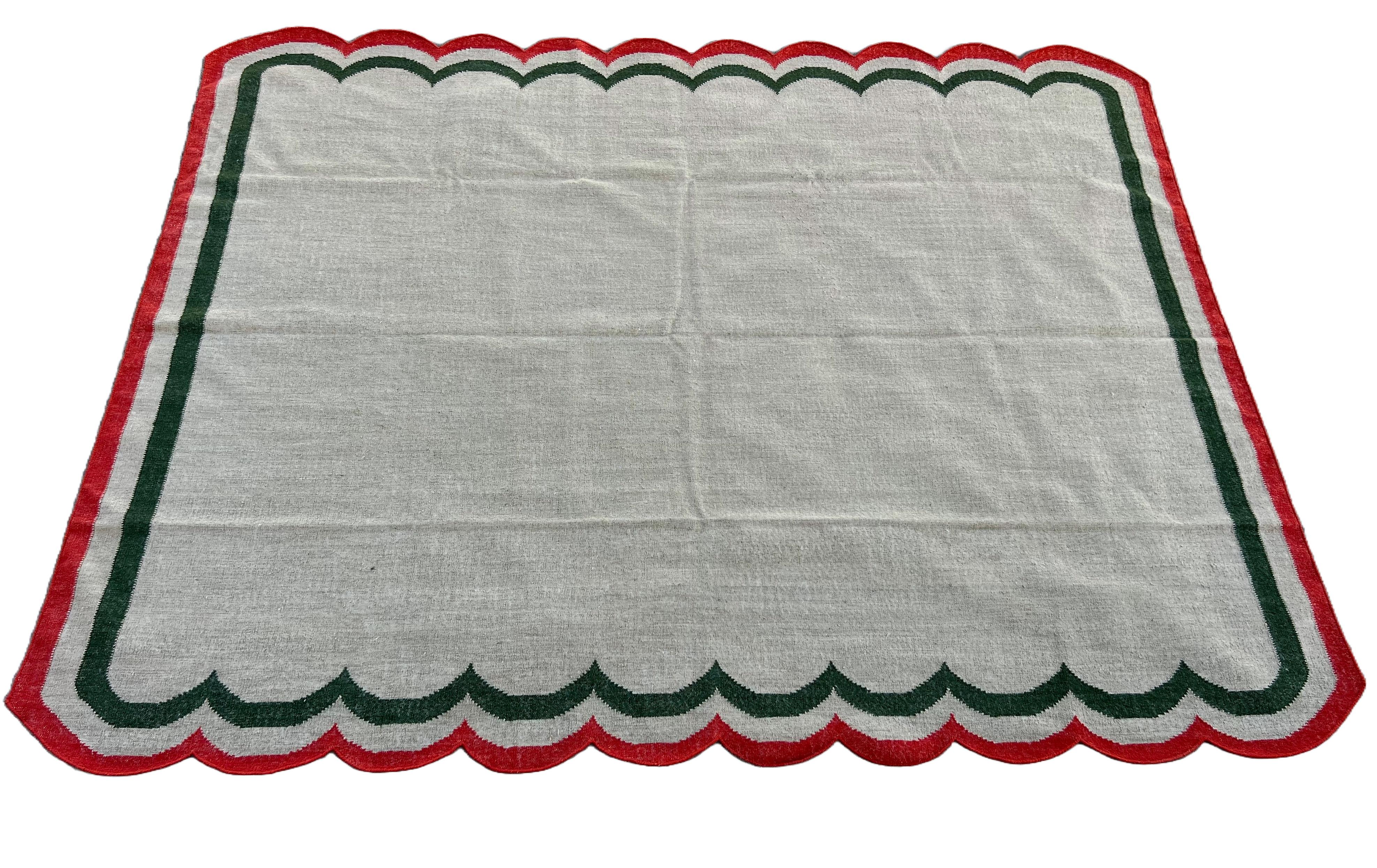 Mid-Century Modern Handmade Woolen Area Flat Weave Rug, 8x10 Beige And Red Scalloped Indian Dhurrie For Sale