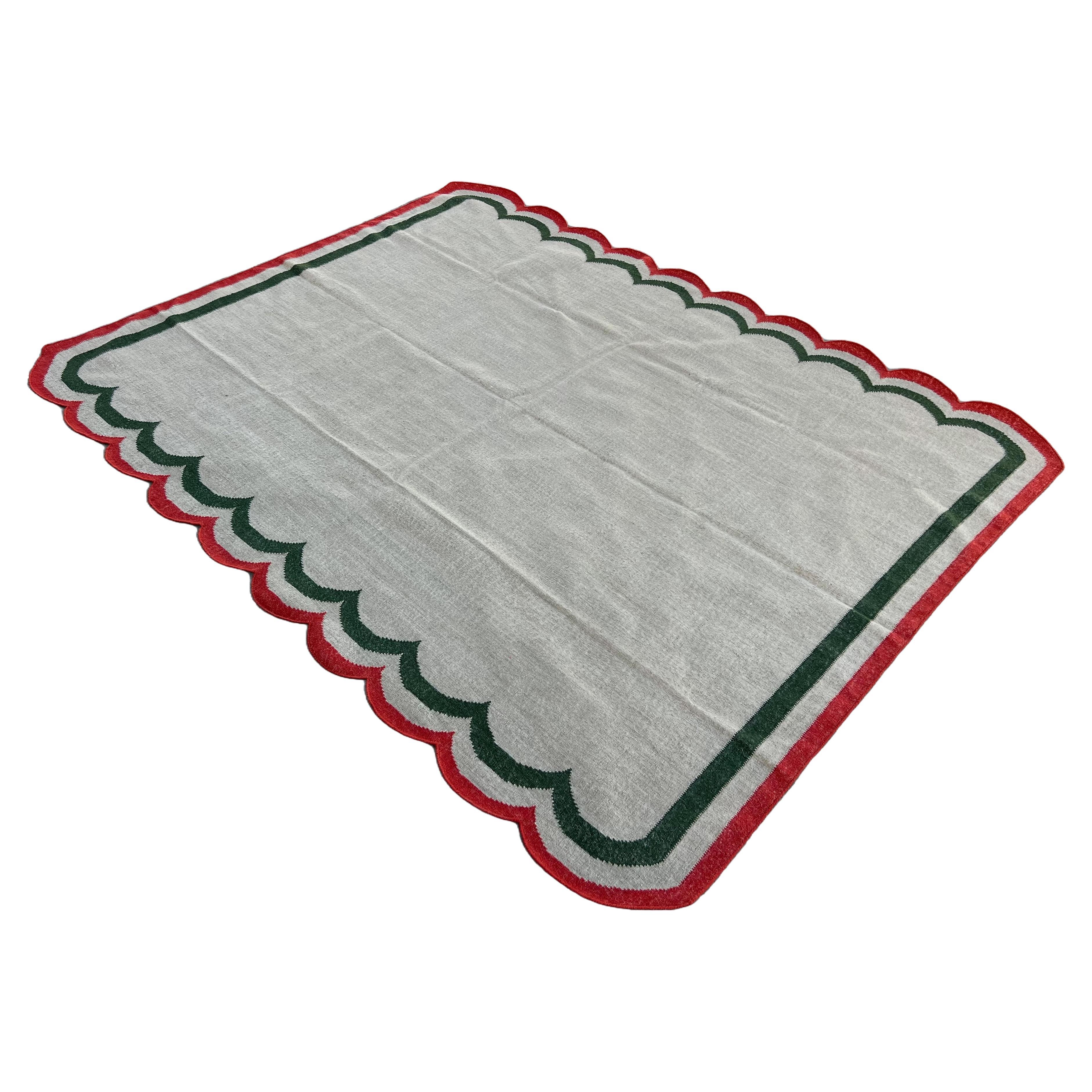 Handmade Woolen Area Flat Weave Rug, 8x10 Beige And Red Scalloped Indian Dhurrie
