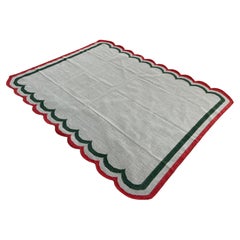 Handmade Woolen Area Flat Weave Rug, 8x10 Beige And Red Scalloped Indian Dhurrie