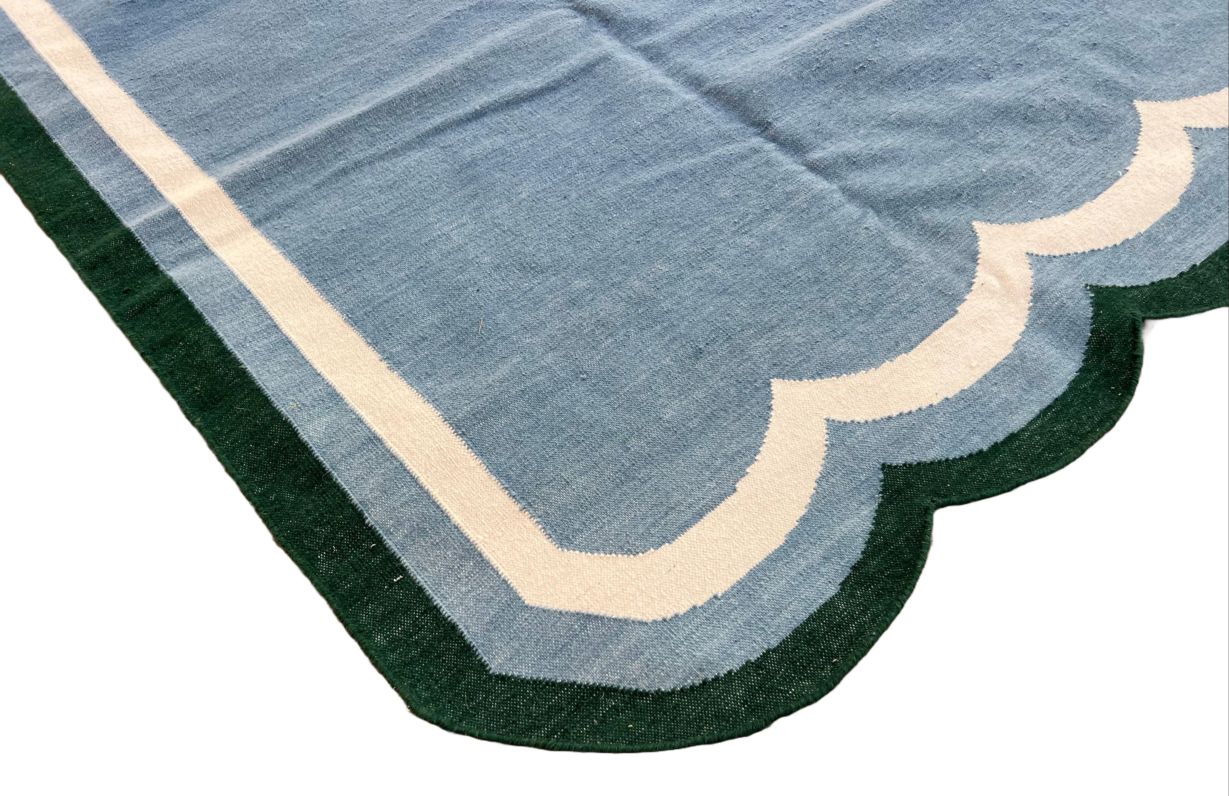 Handmade New Zealand Wool Vegetable Dyed Sky Blue, Cream And Forest Green Scalloped Striped Indian Dhurrie Rug- 8'x10' (240x300cm) 
Scallops runs on 8' sides

These special flat-weave dhurries are hand-woven with 15 ply 100% cotton yarn. Due to the