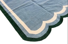 Handmade Woolen Area Flat Weave Rug, 8x10 Blue And Green Scallop Indian Dhurrie