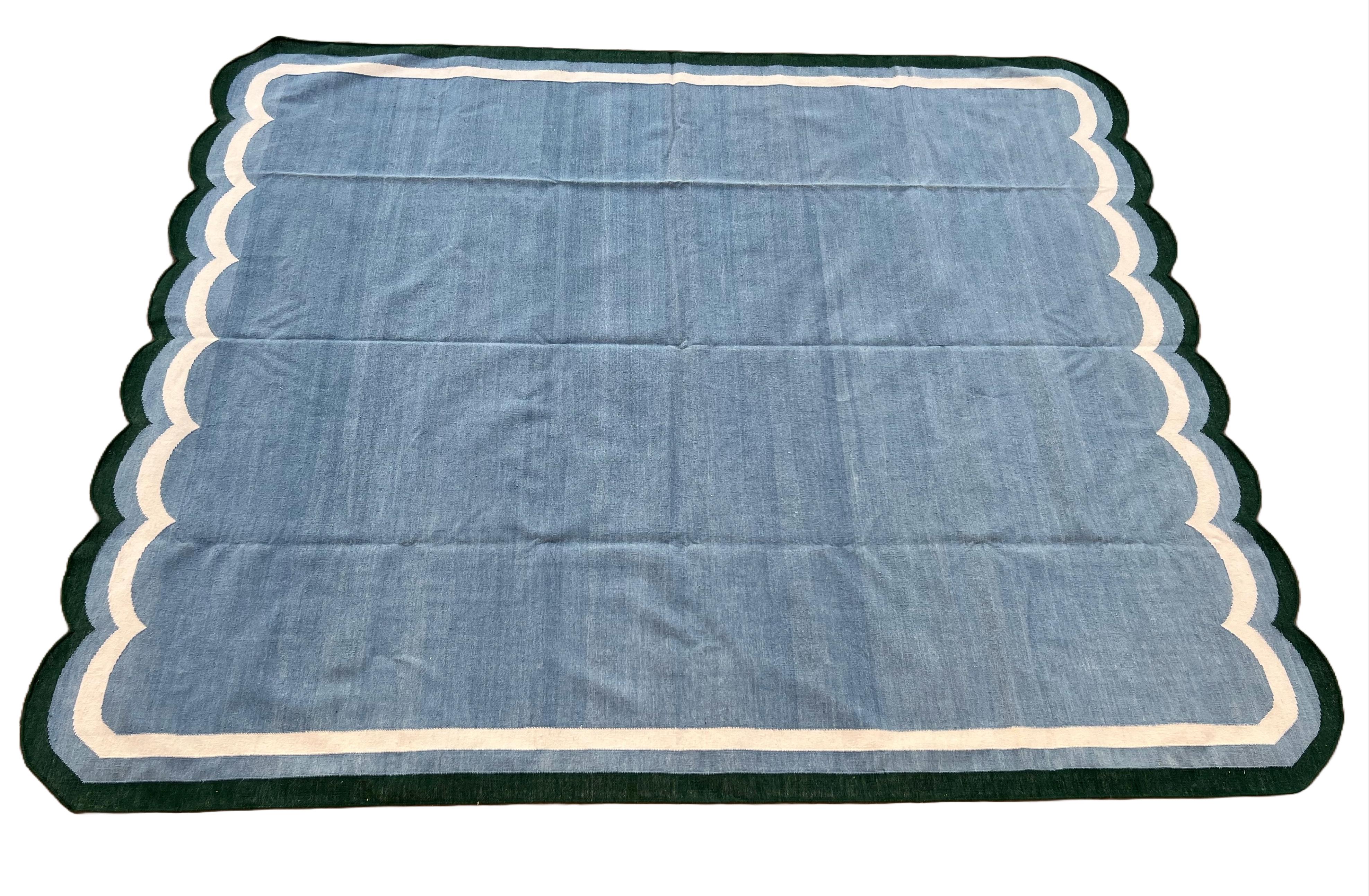 Mid-Century Modern Handmade Woolen Area Flat Weave Rug, 8x10 Blue And Green Scallop Indian Dhurrie For Sale