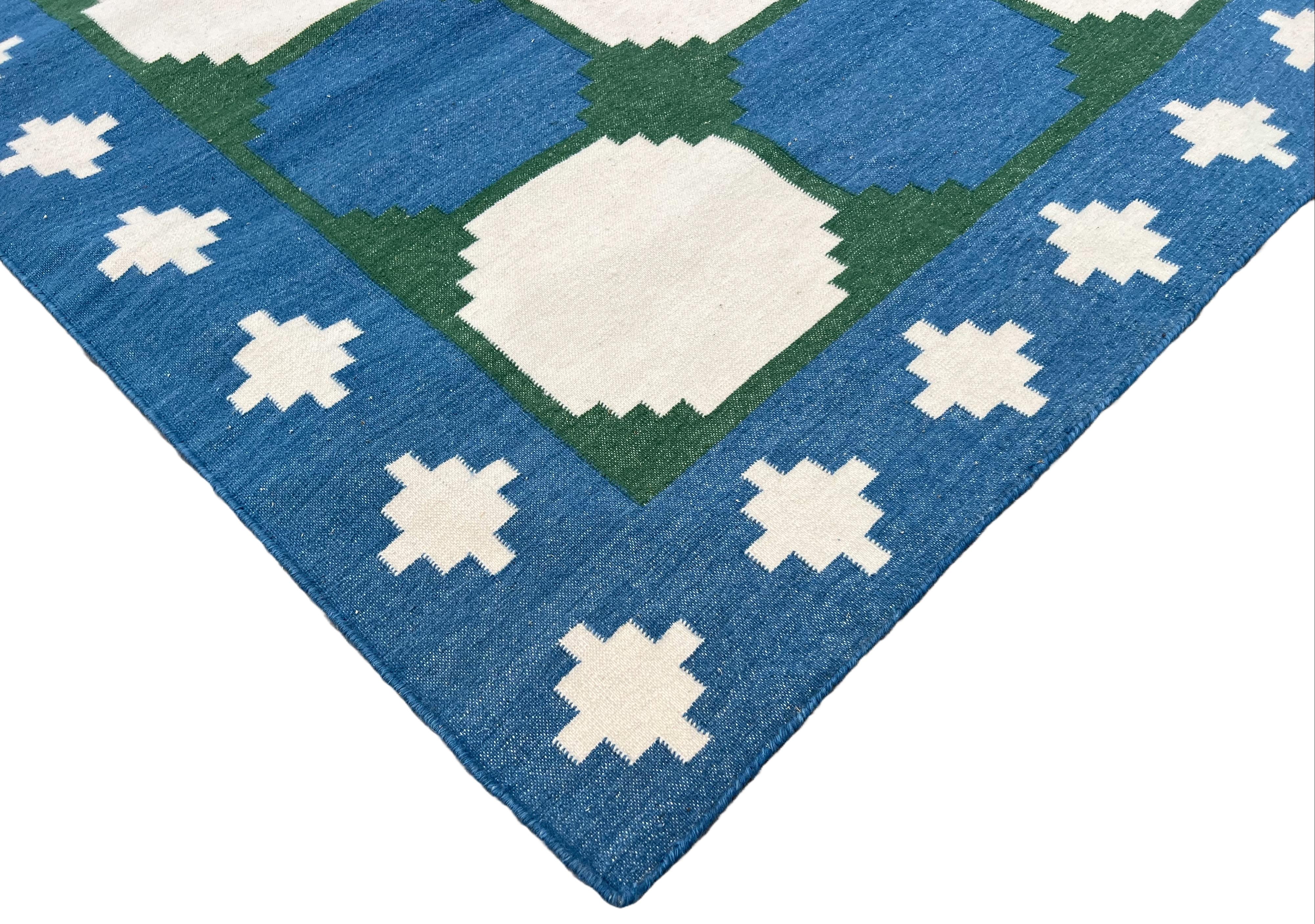 Handmade Woolen Area Flat Weave Rug, 8x10 Blue And Green Tile Patterned Dhurrie For Sale 3