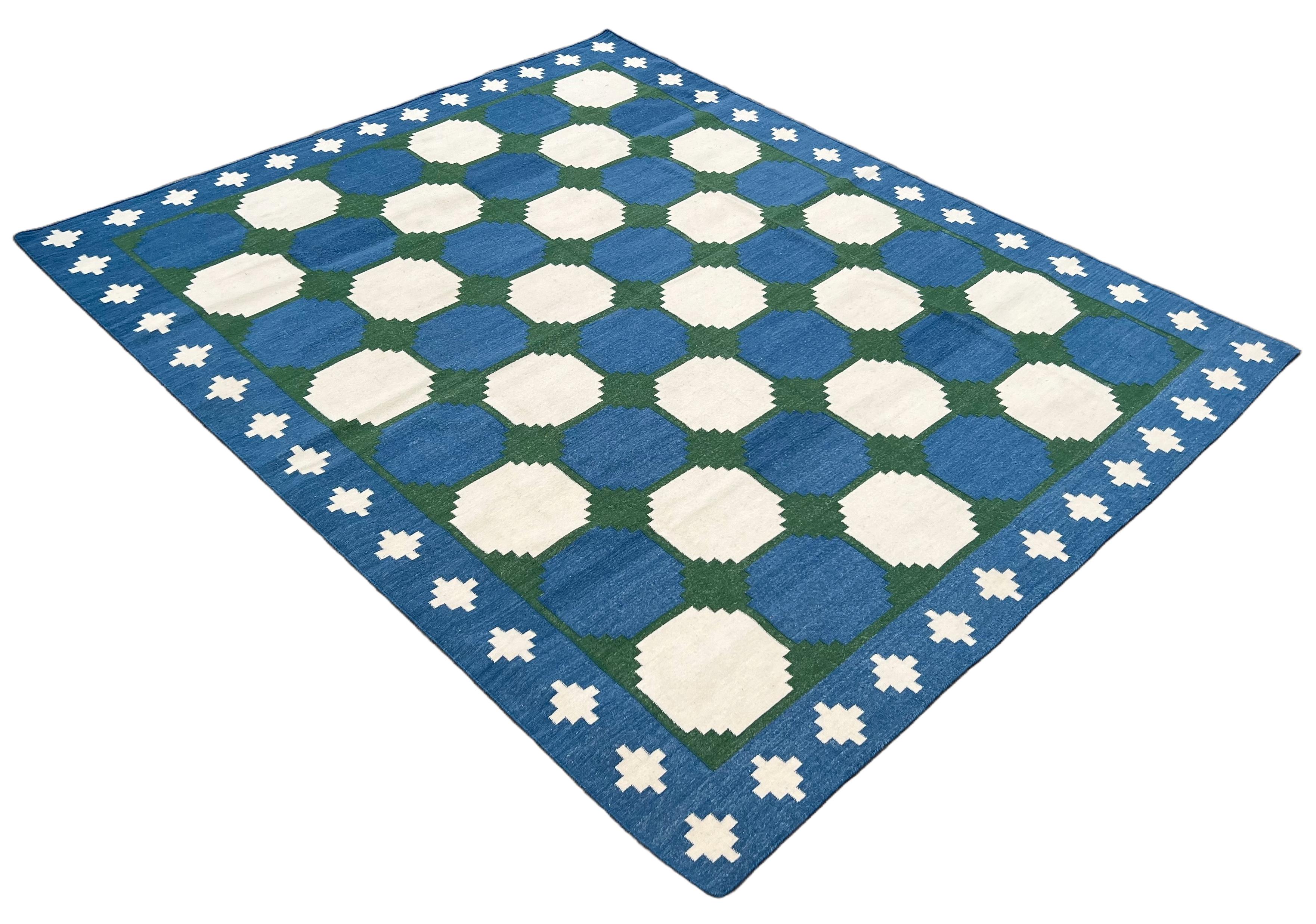 Mid-Century Modern Handmade Woolen Area Flat Weave Rug, 8x10 Blue And Green Tile Patterned Dhurrie For Sale