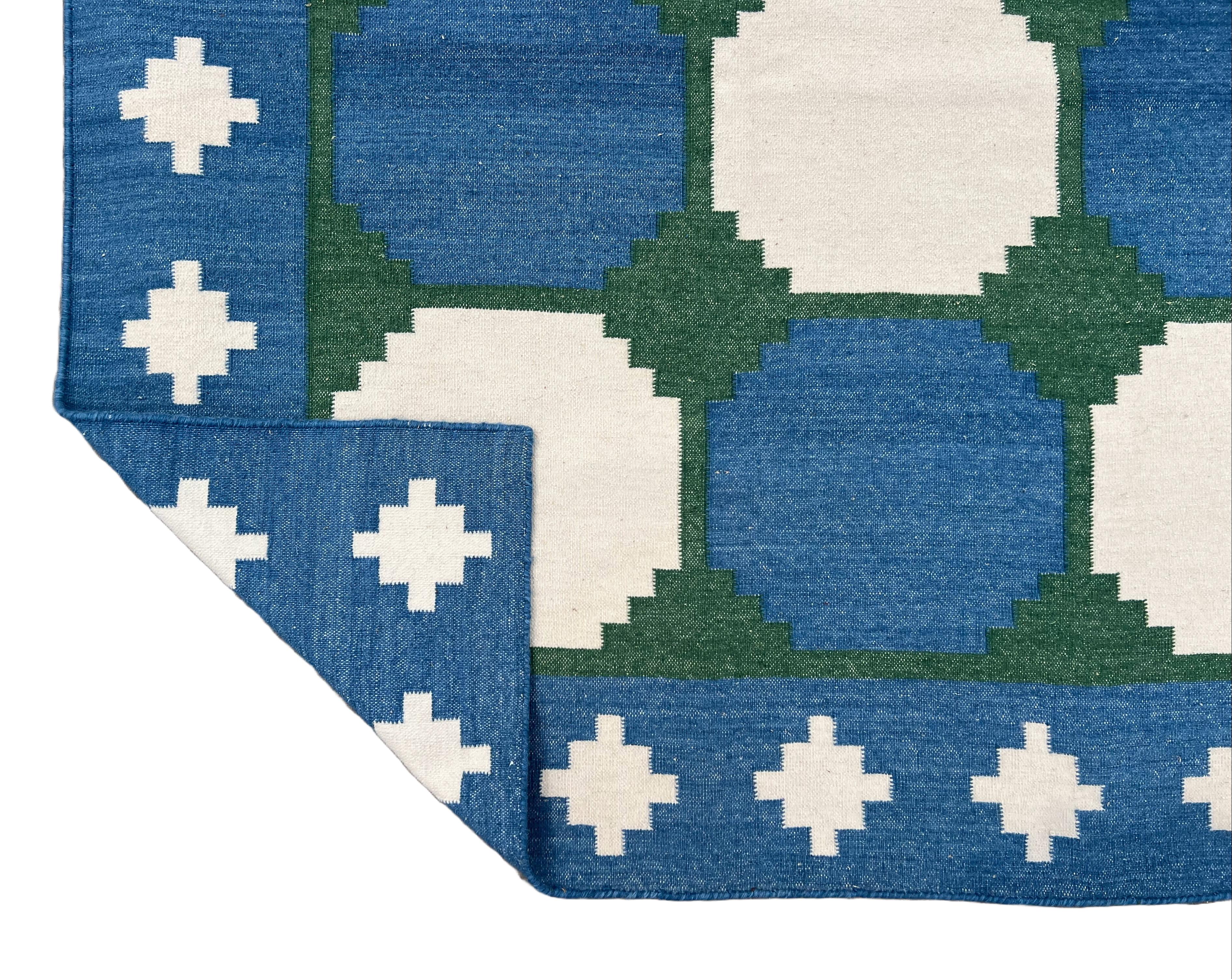 Indian Handmade Woolen Area Flat Weave Rug, 8x10 Blue And Green Tile Patterned Dhurrie For Sale