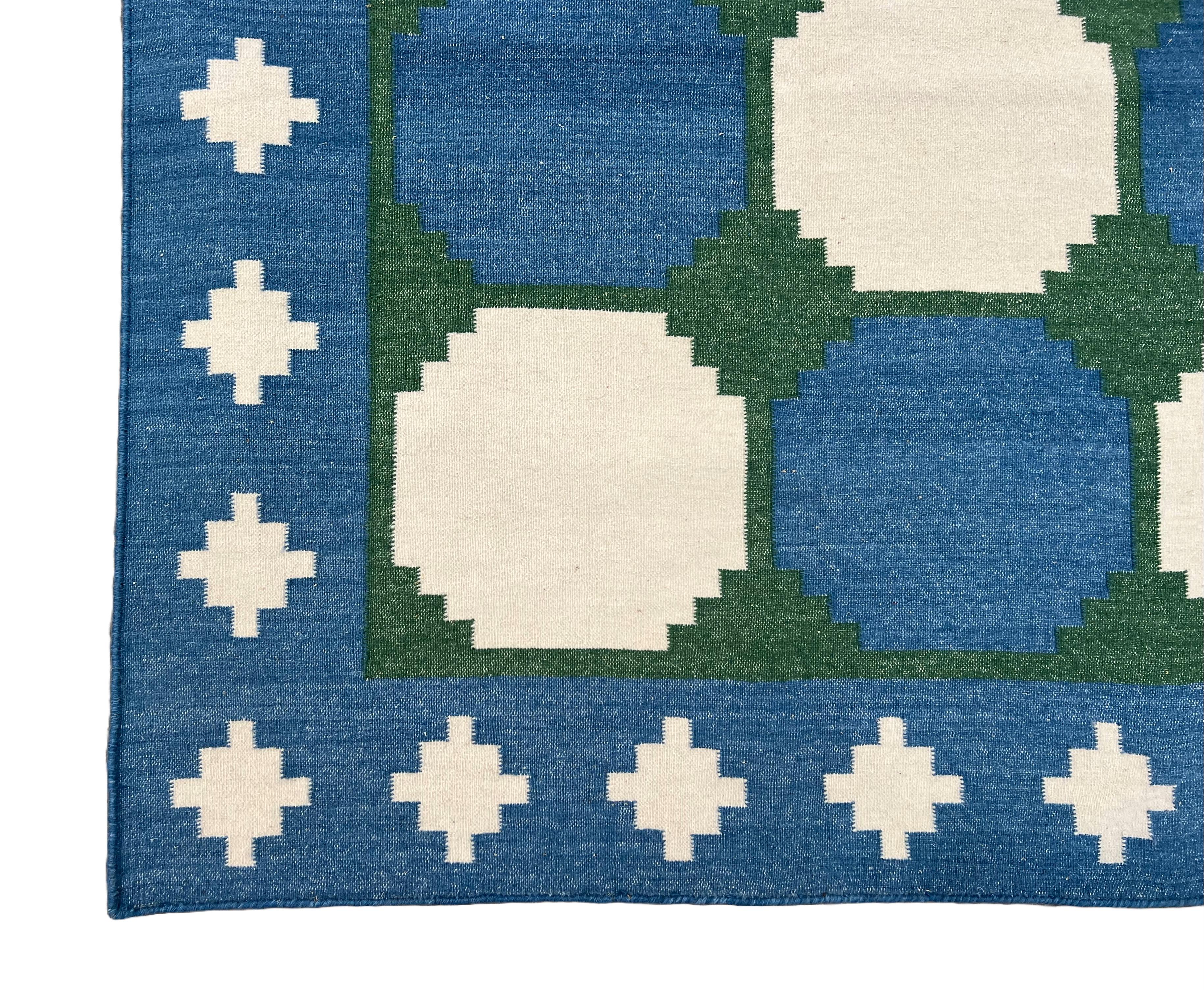 Hand-Woven Handmade Woolen Area Flat Weave Rug, 8x10 Blue And Green Tile Patterned Dhurrie For Sale