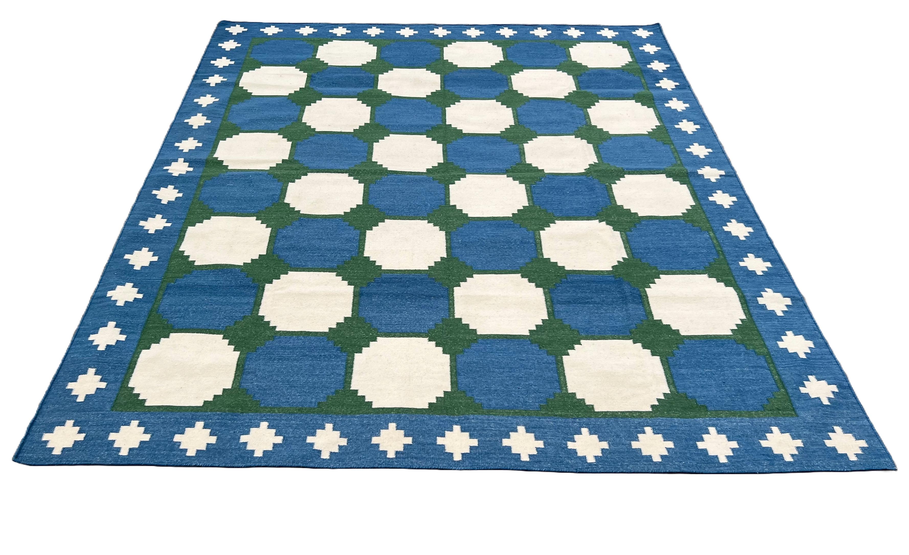 Contemporary Handmade Woolen Area Flat Weave Rug, 8x10 Blue And Green Tile Patterned Dhurrie For Sale