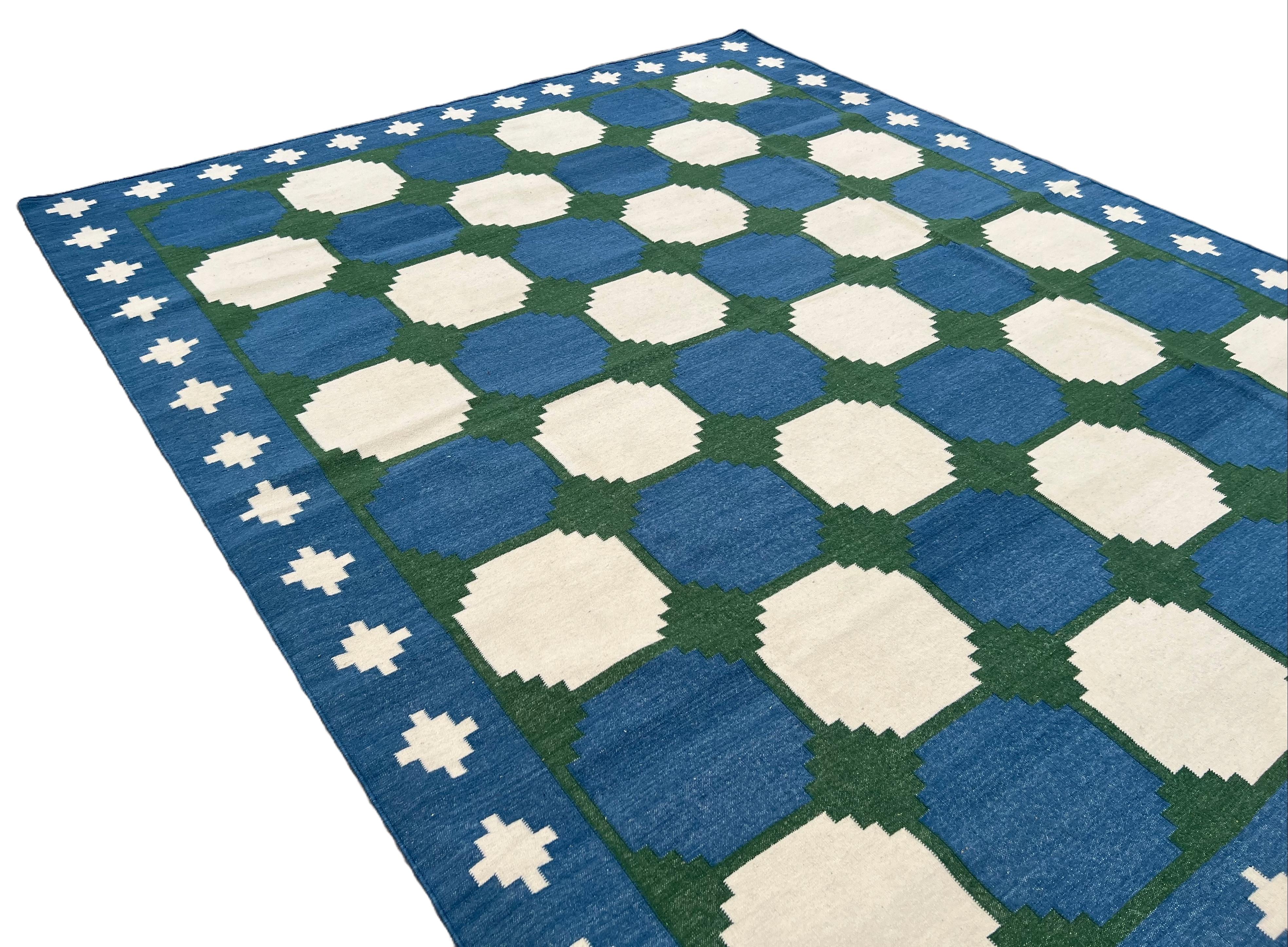 Handmade Woolen Area Flat Weave Rug, 8x10 Blue And Green Tile Patterned Dhurrie For Sale 1