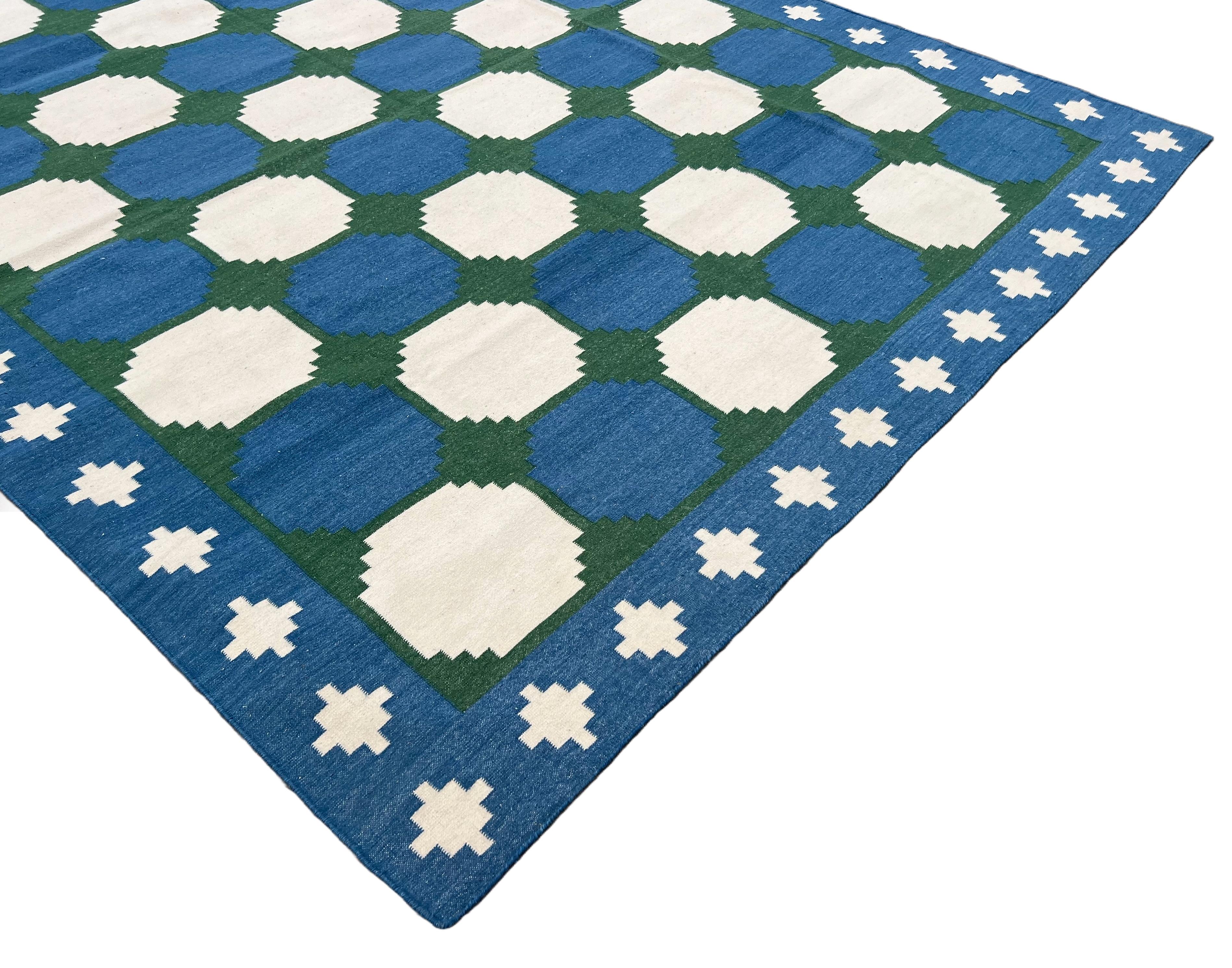 Handmade Woolen Area Flat Weave Rug, 8x10 Blue And Green Tile Patterned Dhurrie For Sale 2