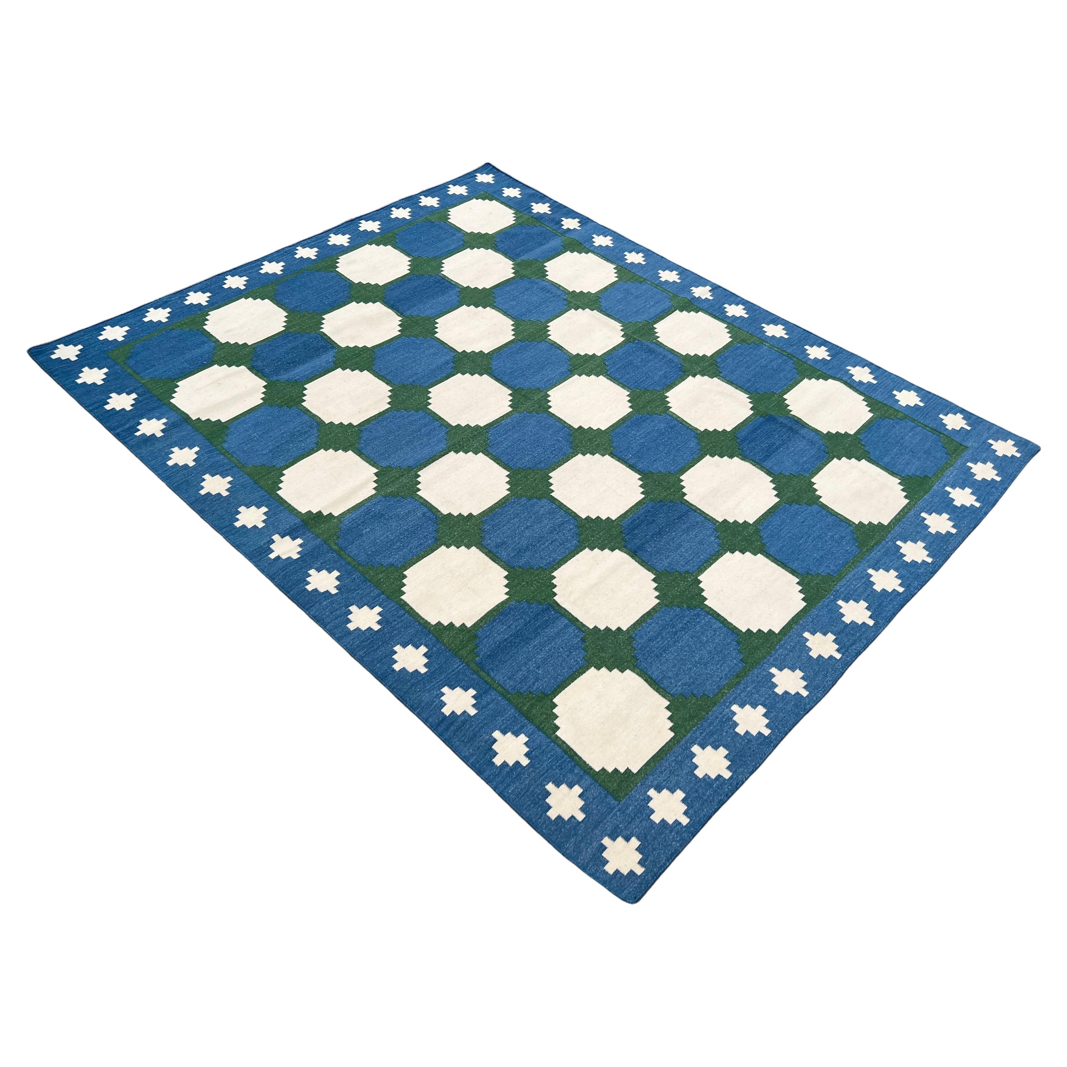 Handmade Woolen Area Flat Weave Rug, 8x10 Blue And Green Tile Patterned Dhurrie For Sale