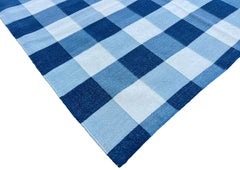 Handmade Woolen Area Flat Weave Rug, 8x10 Blue And White Checker Board Dhurrie
