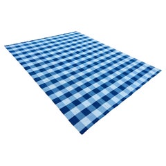 Handgefertigter Flachgewebe-Teppich aus Wolle, 8x10 Blauer und weißer Karton Dhurrie mit Karton