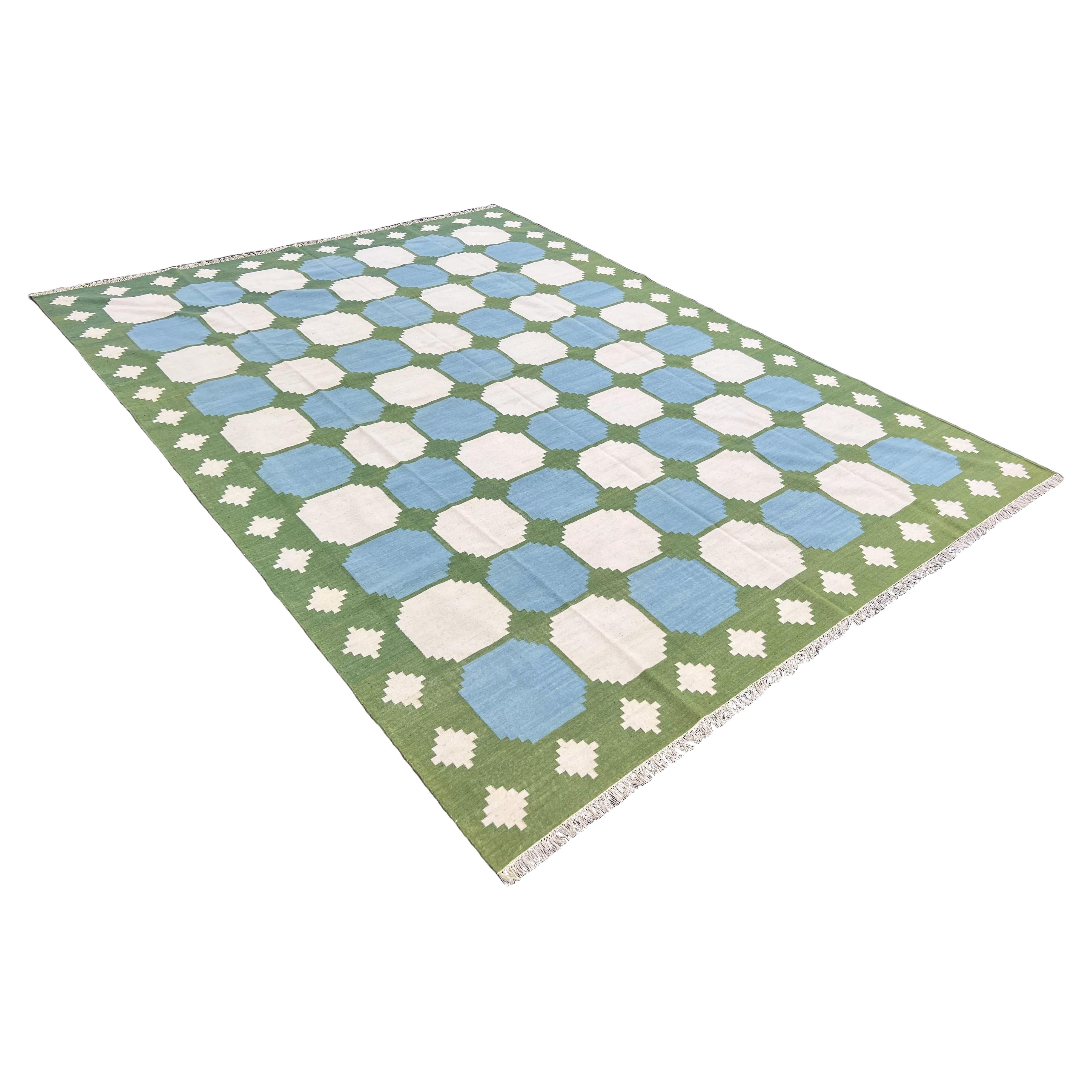 Handmade Woolen Area Flat Weave Rug, 8x10 Blue, Moss Green Tile Swedish Dhurrie