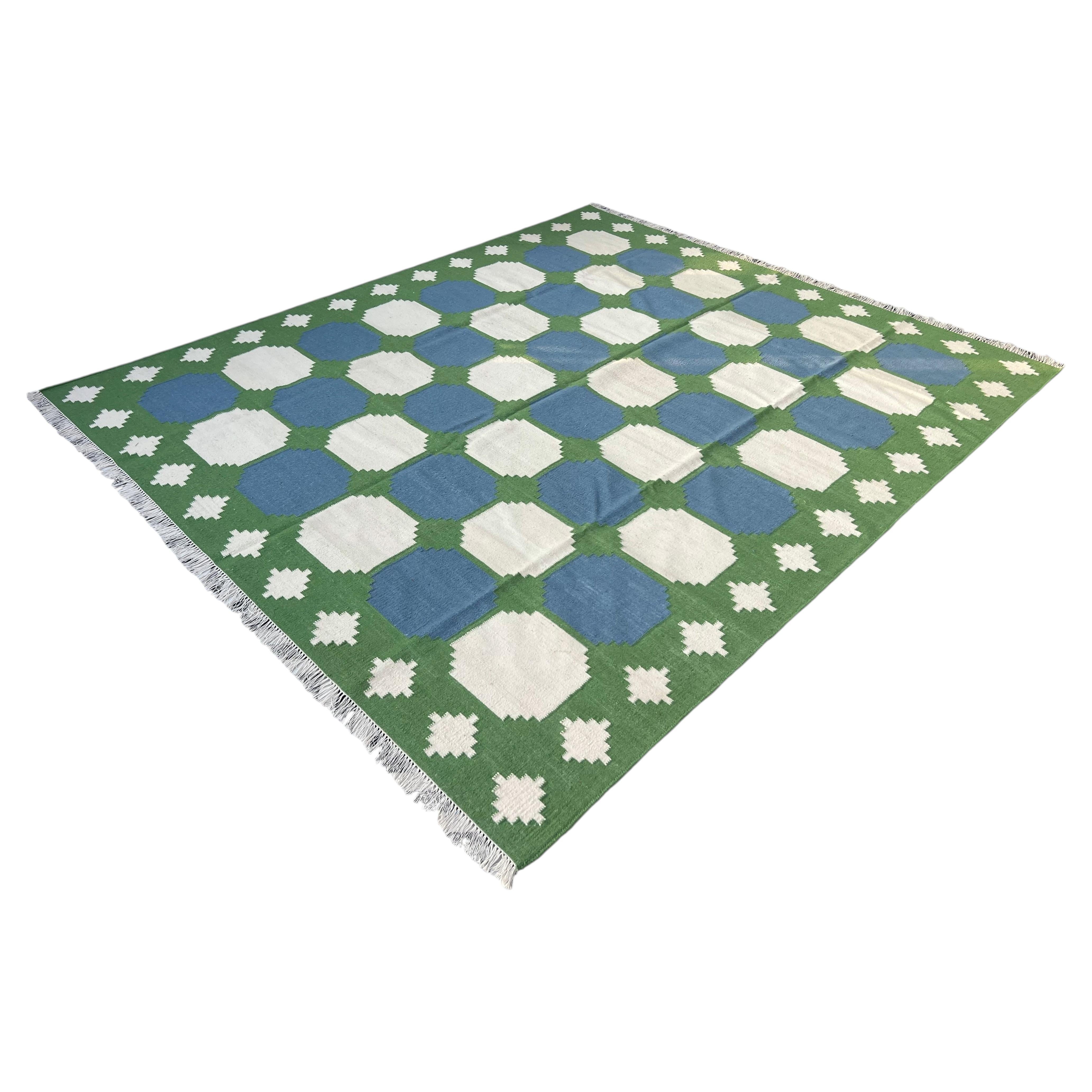 Handmade Woolen Area Flat Weave Rug, 8x10 Blue, Moss Green Tile Swedish Dhurrie