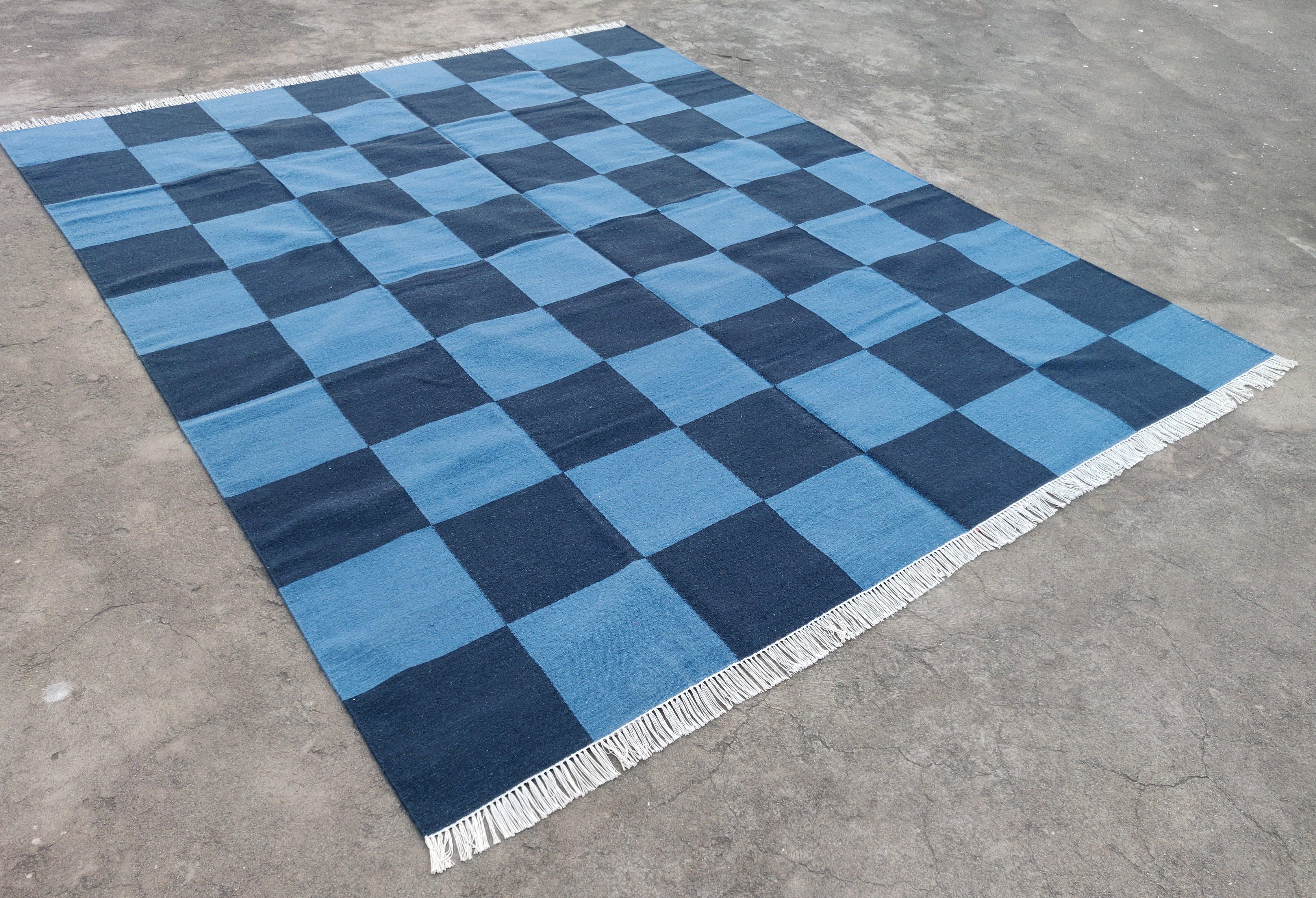 New Zealand Wool Vegetable Dyed Indigo Blue And Sky Blue Checked Indian Dhurrie Rug-8'x10' 
These special flat-weave dhurries are hand-woven with 15 ply 100% cotton yarn. Due to the special manufacturing techniques used to create our rugs, the size