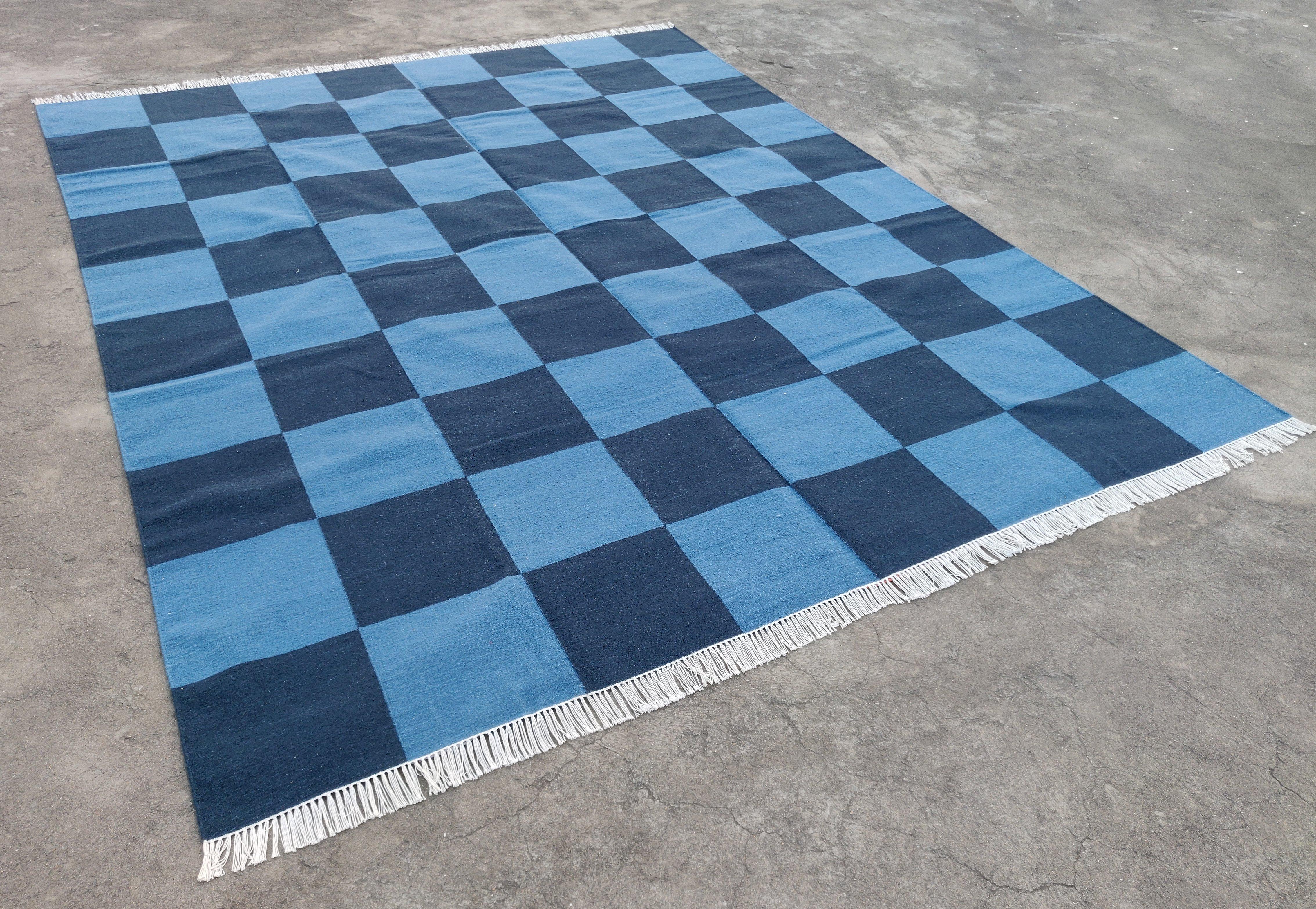 Mid-Century Modern Handmade Woolen Area Flat Weave Rug, 8x10 Indigo Blue Checked Indian Dhurrie Rug For Sale