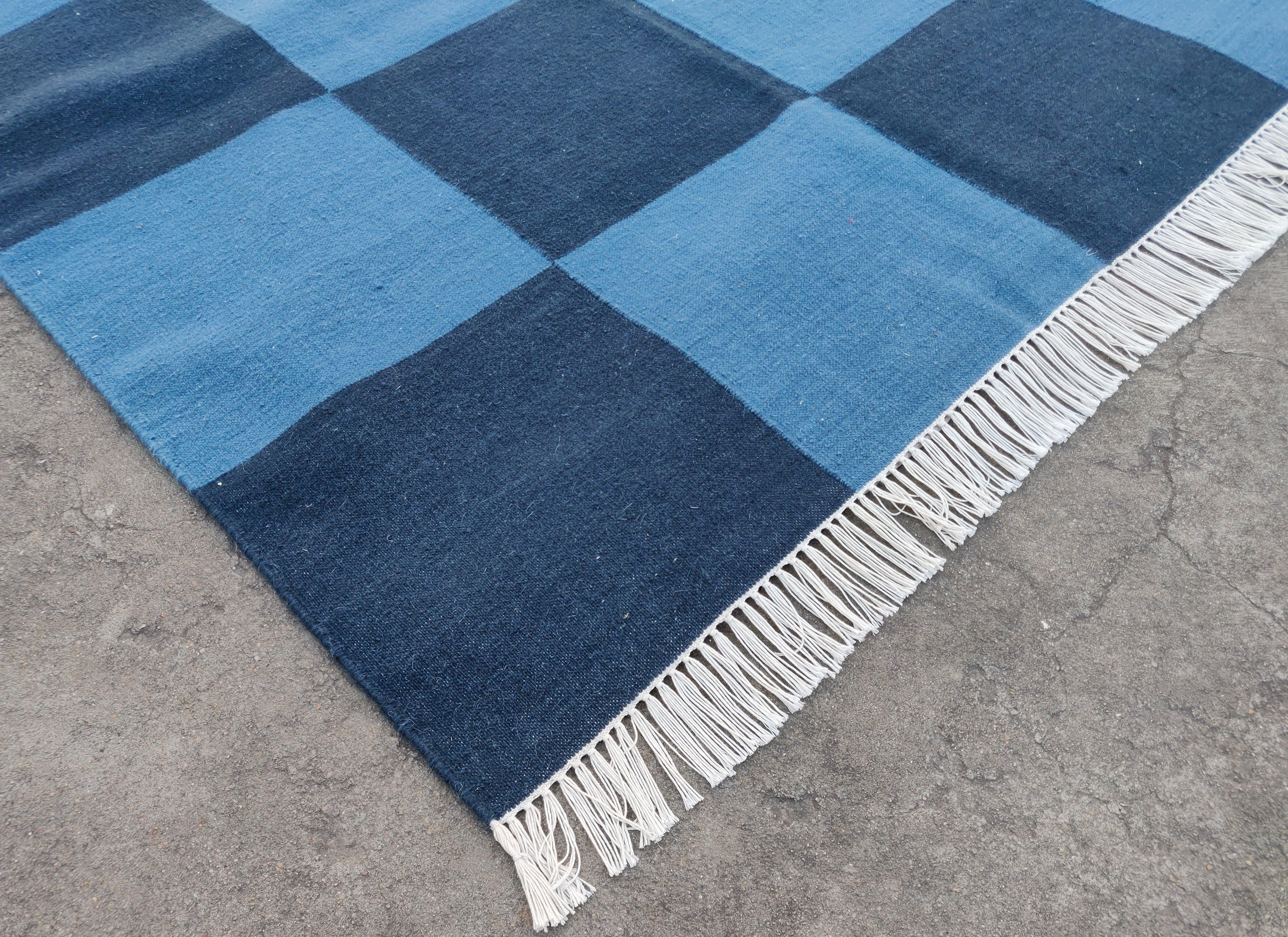 Mid-Century Modern Handmade Woolen Area Flat Weave Rug, 8x10 Indigo Blue Checked Indian Dhurrie Rug For Sale