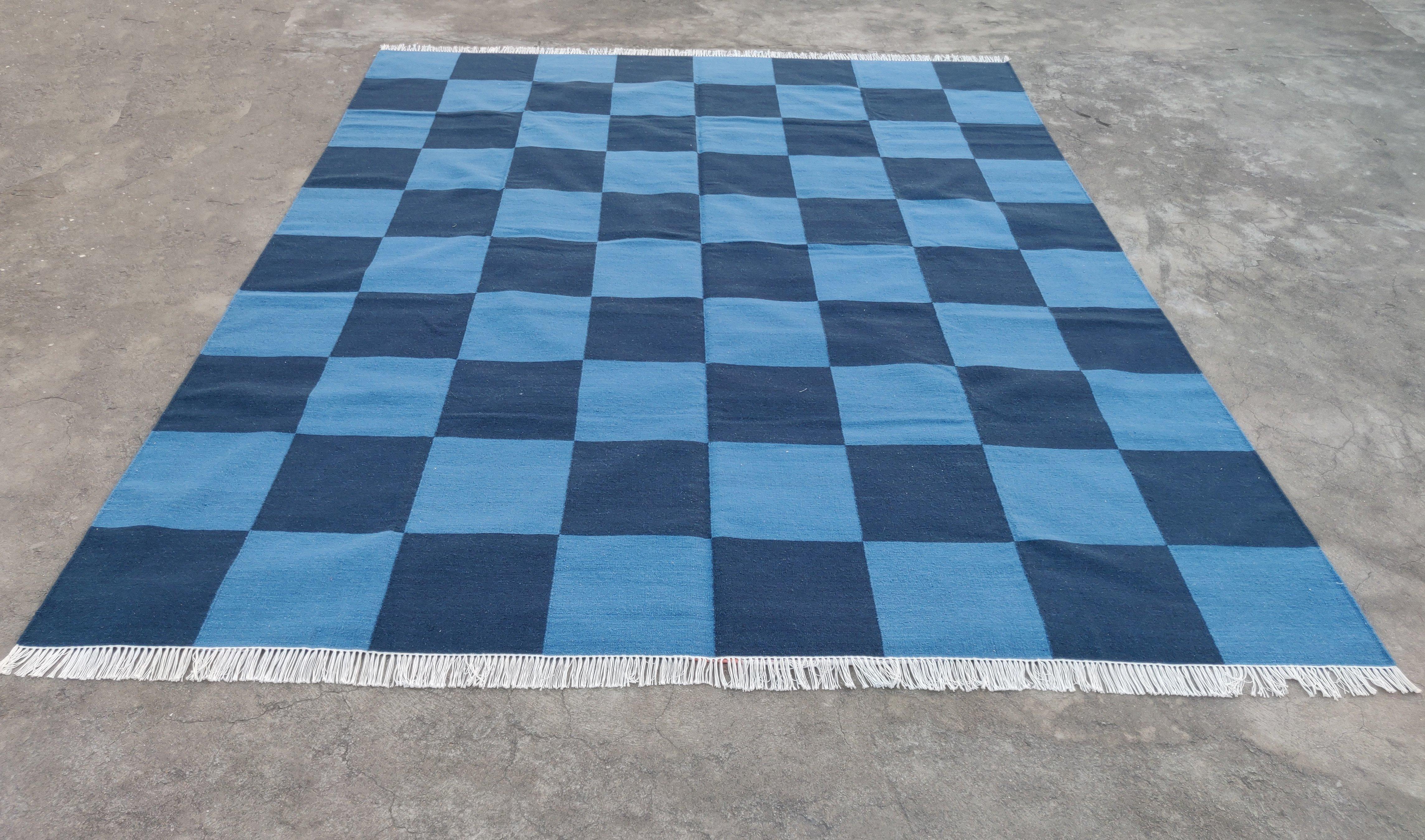 Contemporary Handmade Woolen Area Flat Weave Rug, 8x10 Indigo Blue Checked Indian Dhurrie Rug For Sale