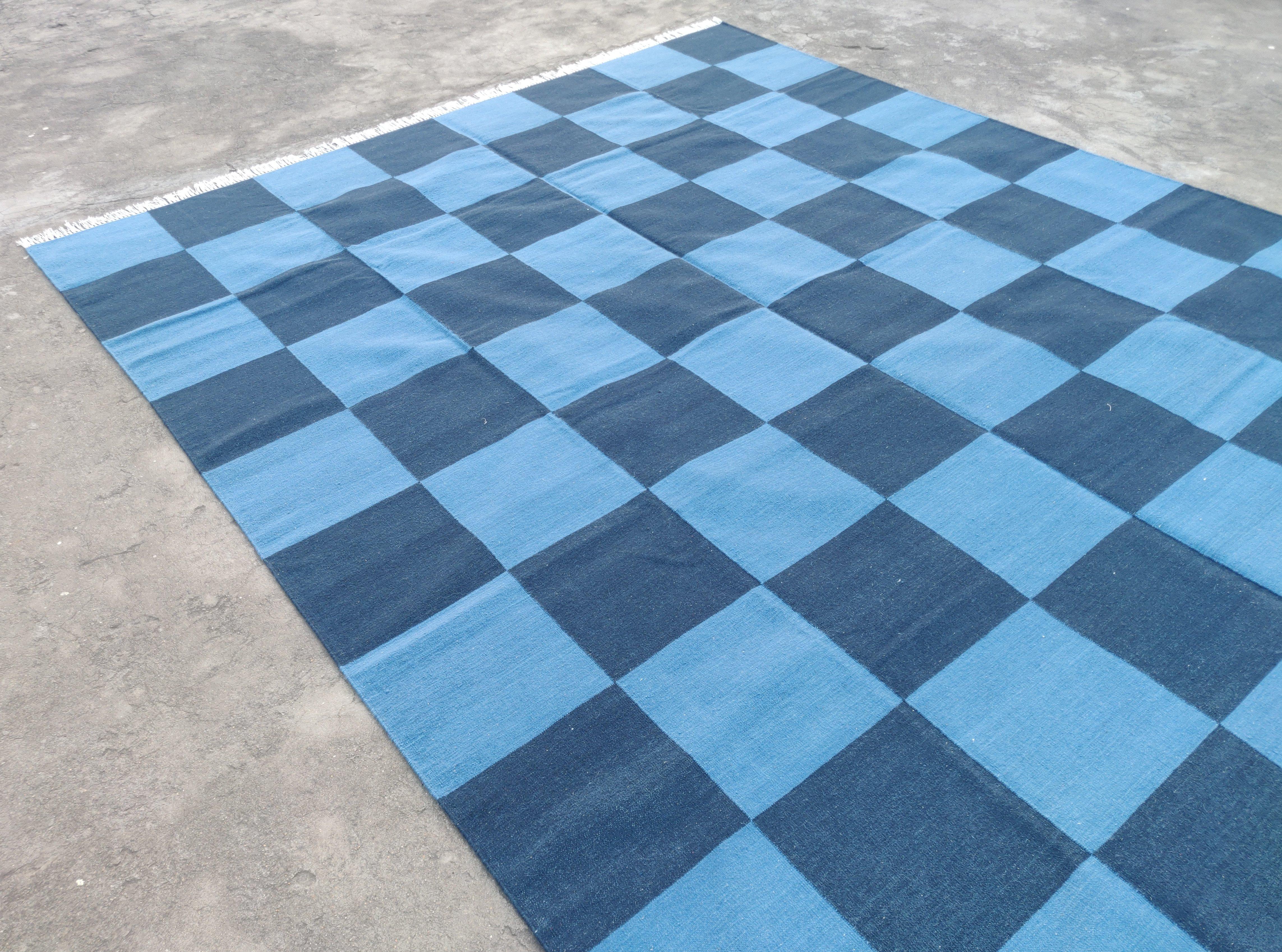 Handmade Woolen Area Flat Weave Rug, 8x10 Indigo Blue Checked Indian Dhurrie Rug For Sale 3
