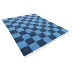 Handmade Woolen Area Flat Weave Rug, 8x10 Indigo Blue Checked Indian Dhurrie Rug